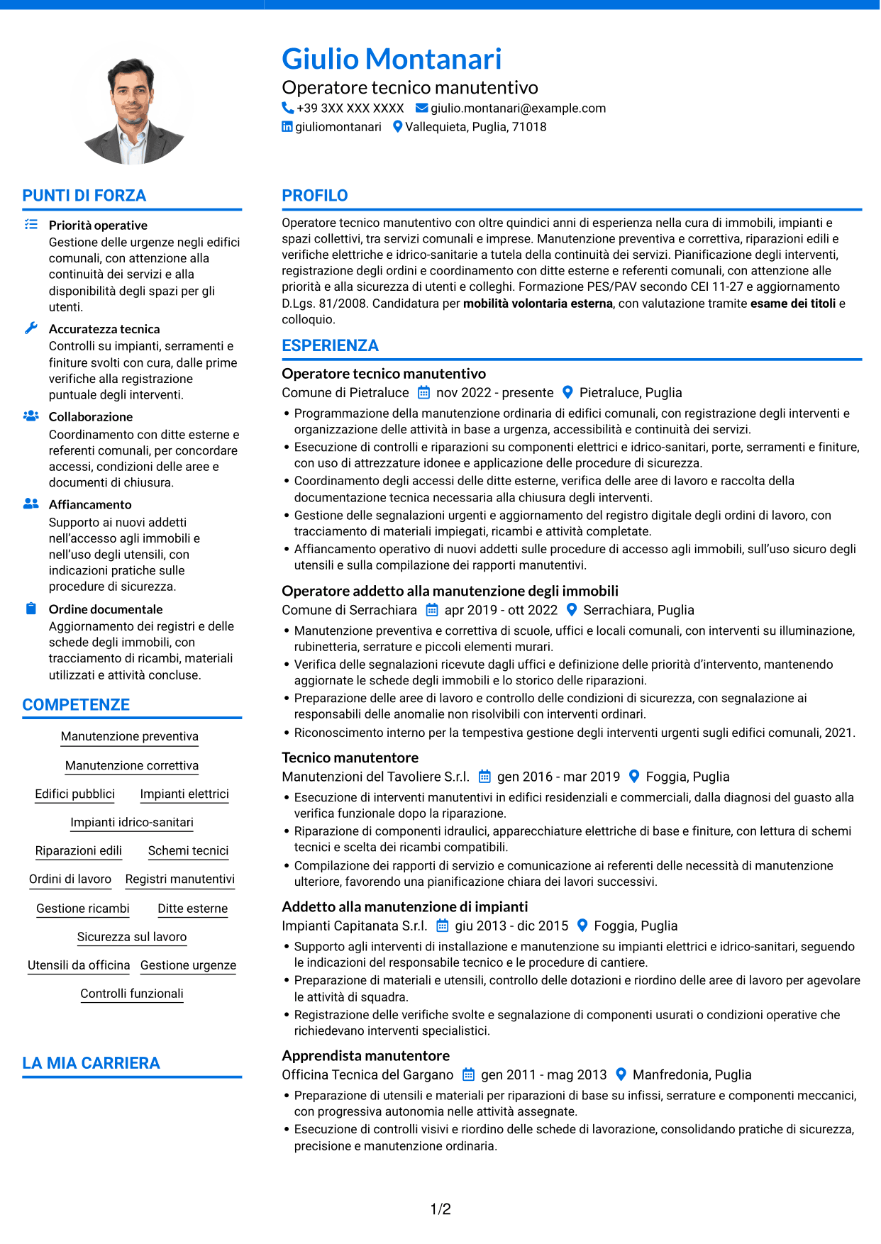 CV Audace (formato a due colonne con accenti colorati e foto): Operatore esperto tecnico manutentivo, pagina 1