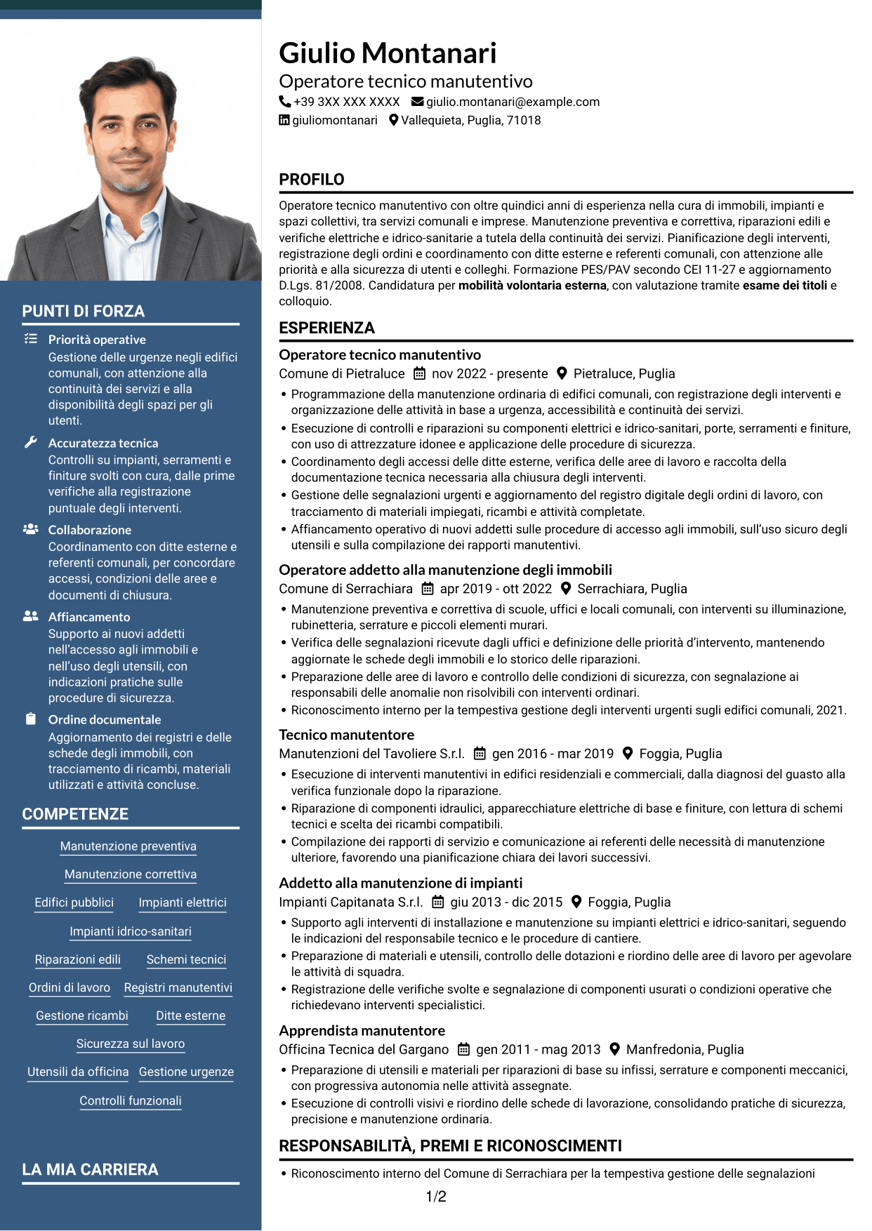 CV Signature (formato con colonna laterale colorata e foto grande): Operatore esperto tecnico manutentivo, pagina 1