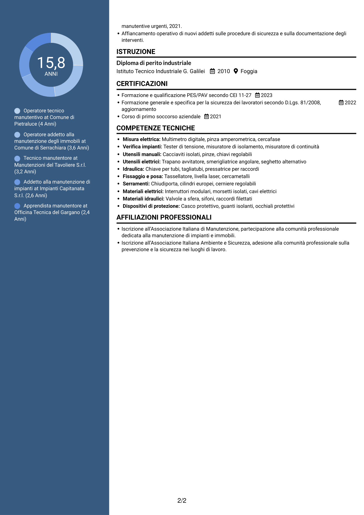 CV Signature (formato con colonna laterale colorata e foto grande): Operatore esperto tecnico manutentivo, pagina 2