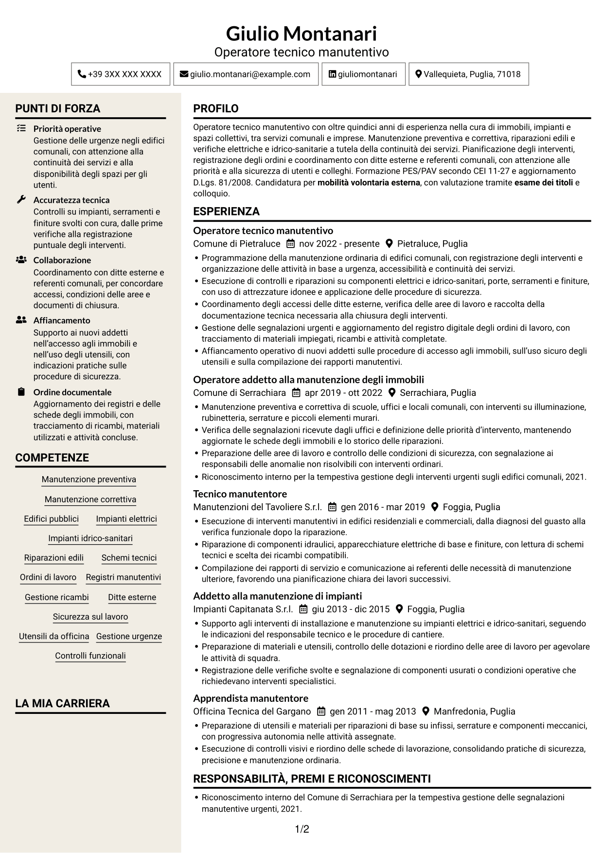 CV Intraprendente (formato a due colonne con intestazione centrata senza foto): Operatore esperto tecnico manutentivo, pagina 1