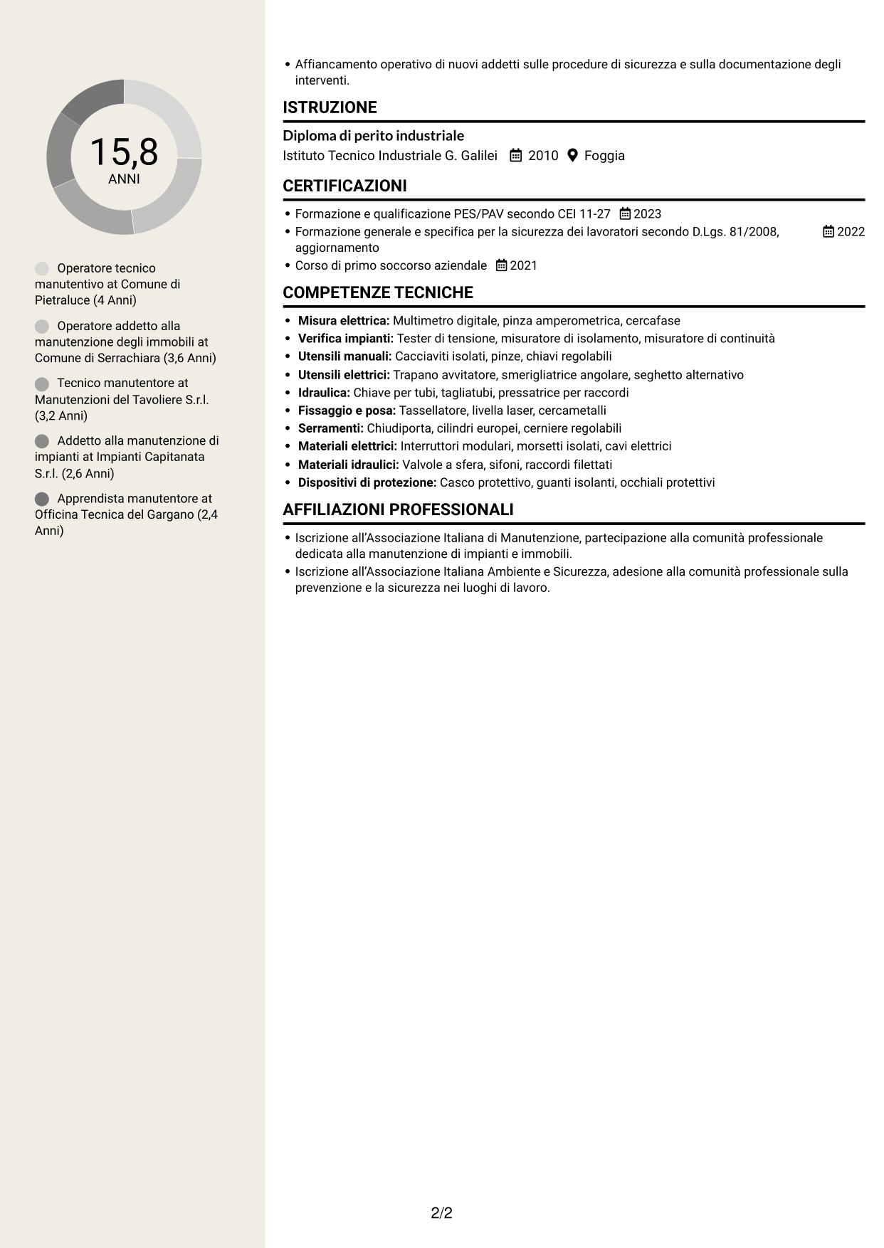 CV Intraprendente (formato a due colonne con intestazione centrata senza foto): Operatore esperto tecnico manutentivo, pagina 2