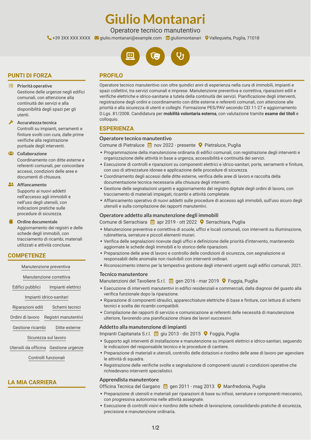 CV Dinamico (formato a due colonne con icone): Operatore esperto tecnico manutentivo, pagina 1