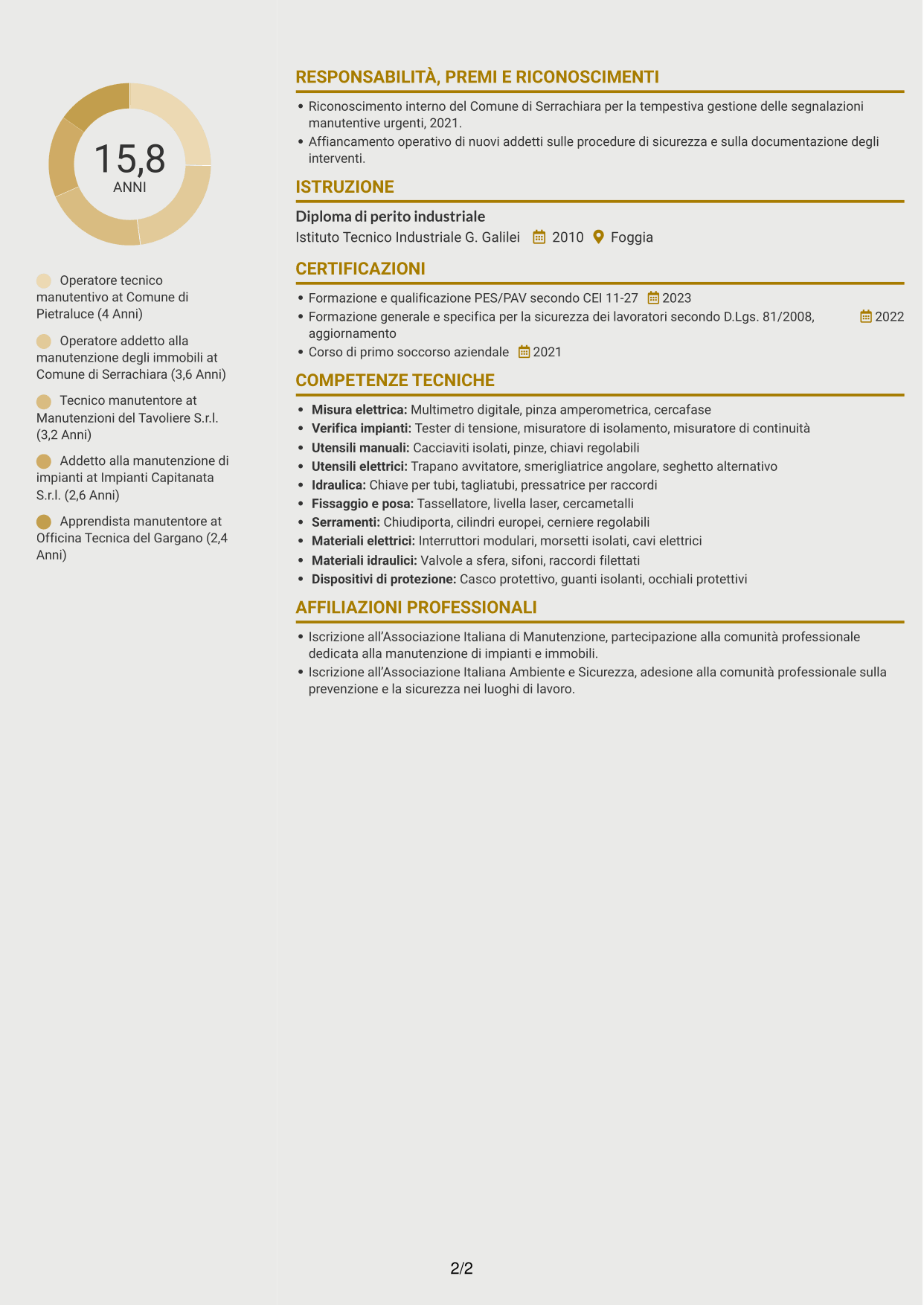 CV Dinamico (formato a due colonne con icone): Operatore esperto tecnico manutentivo, pagina 2