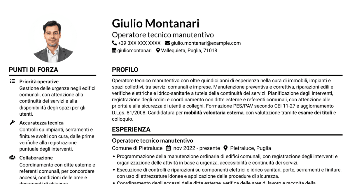 7 modelli di CV per Operatore esperto tecnico manutentivo, con esempi