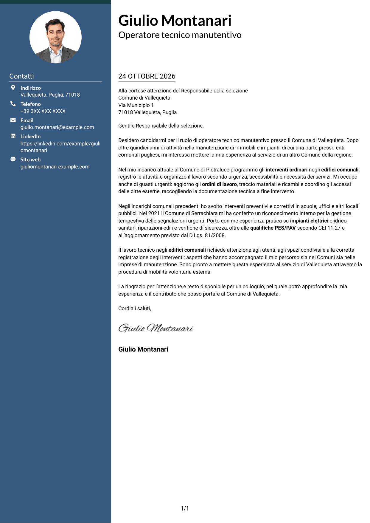 Lettera di presentazione Elegante (formato con colonna laterale colorata e foto): Operatore esperto tecnico manutentivo, pagina 1