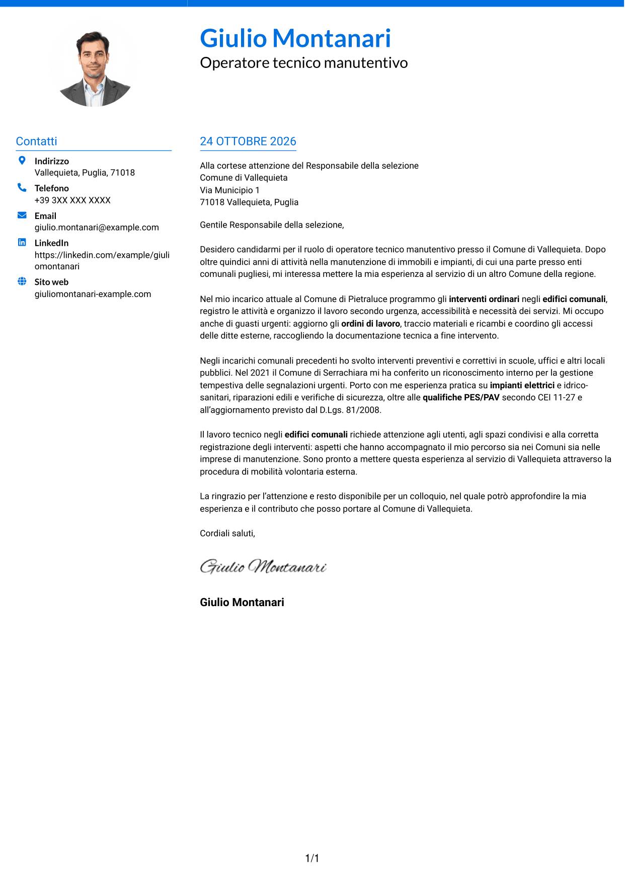 Lettera di presentazione Audace (formato a due colonne con accenti colorati e foto): Operatore esperto tecnico manutentivo, pagina 1