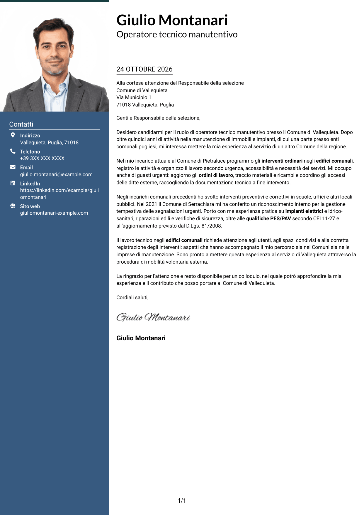 Lettera di presentazione Signature (formato con colonna laterale colorata e foto grande): Operatore esperto tecnico manutentivo, pagina 1