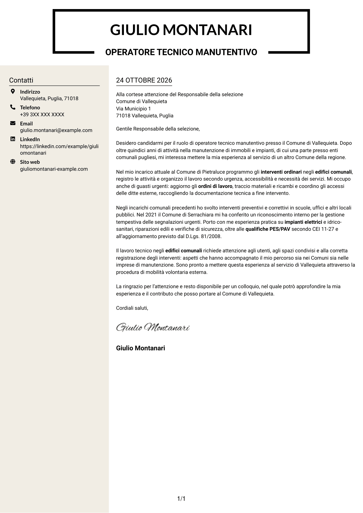 Lettera di presentazione Intraprendente (formato a due colonne con intestazione centrata senza foto): Operatore esperto tecnico manutentivo, pagina 1