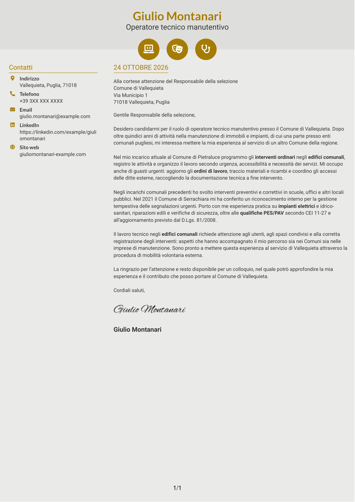 Lettera di presentazione Dinamico (formato a due colonne con icone): Operatore esperto tecnico manutentivo, pagina 1