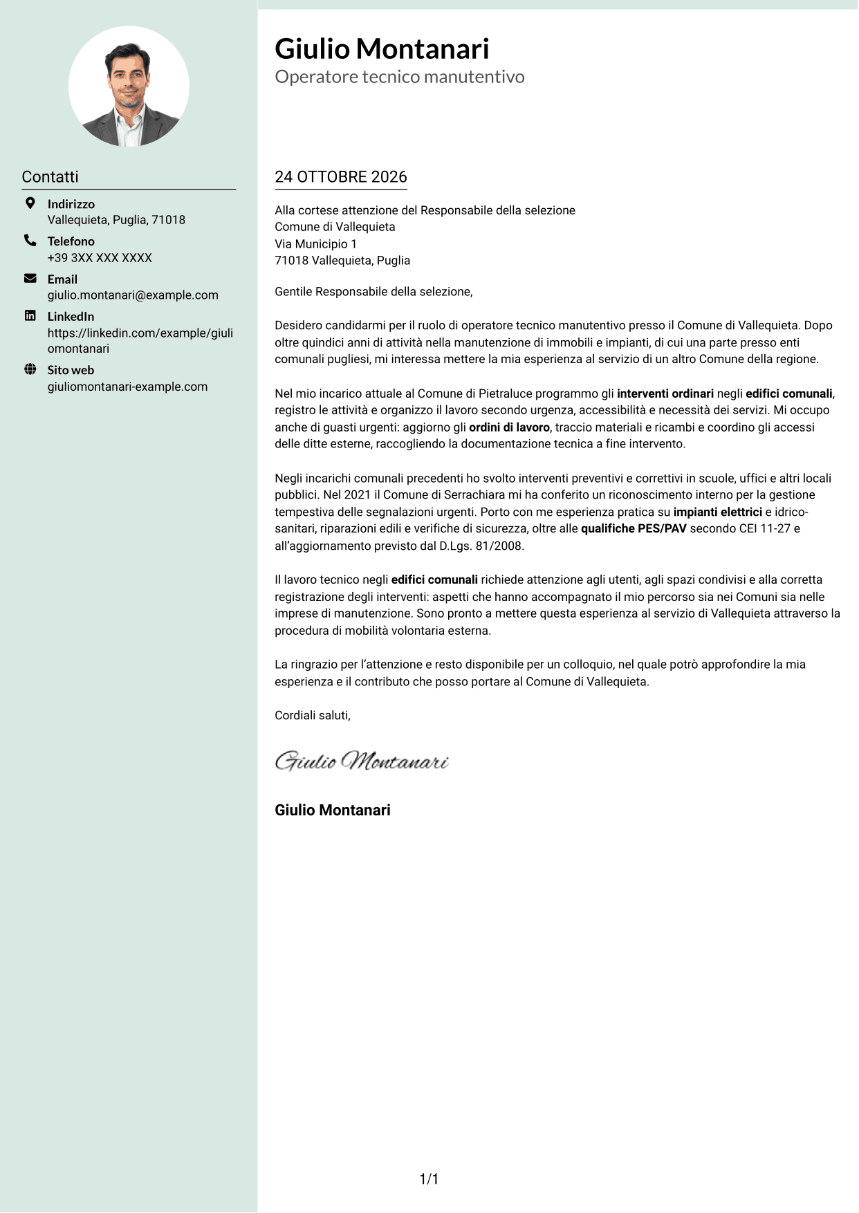 Lettera di presentazione Dirigente (formato con colonna laterale tenue e foto arrotondata): Operatore esperto tecnico manutentivo, pagina 1