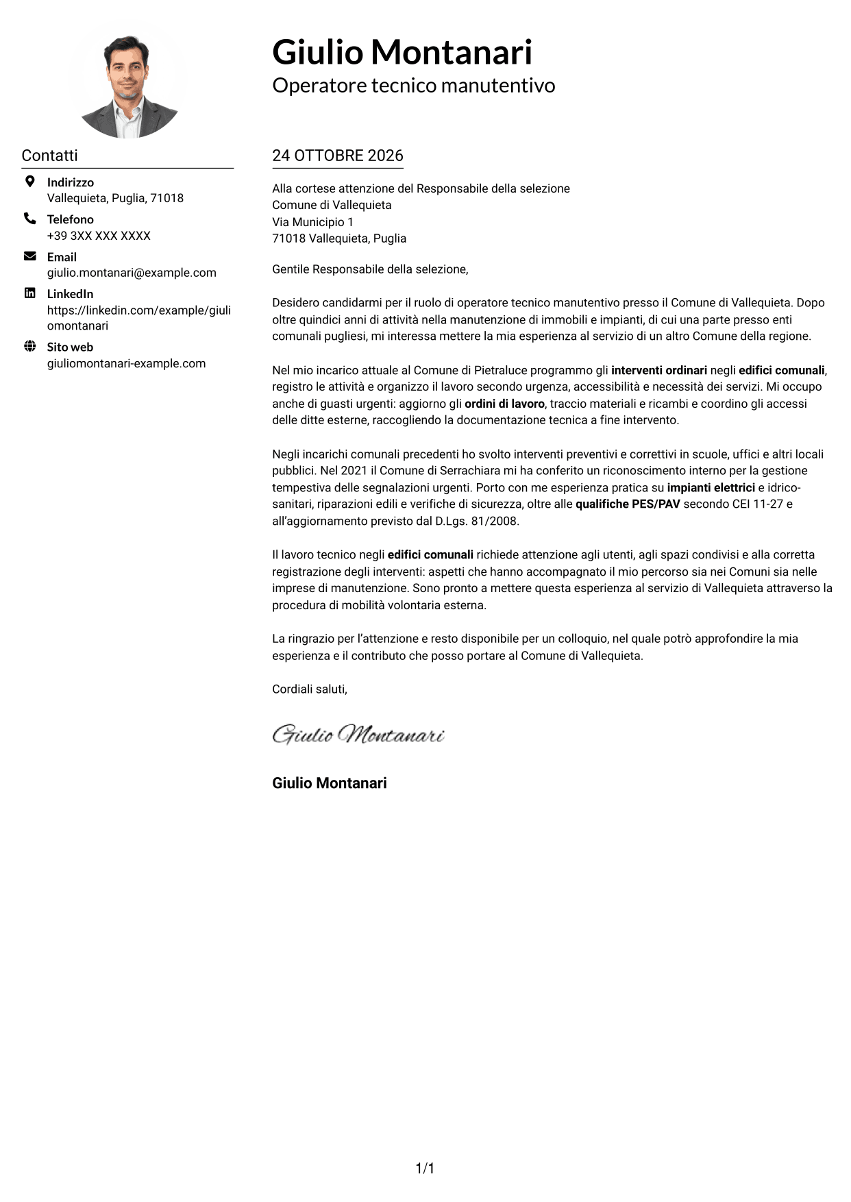 Esempio di lettera di presentazione — pagina 1
