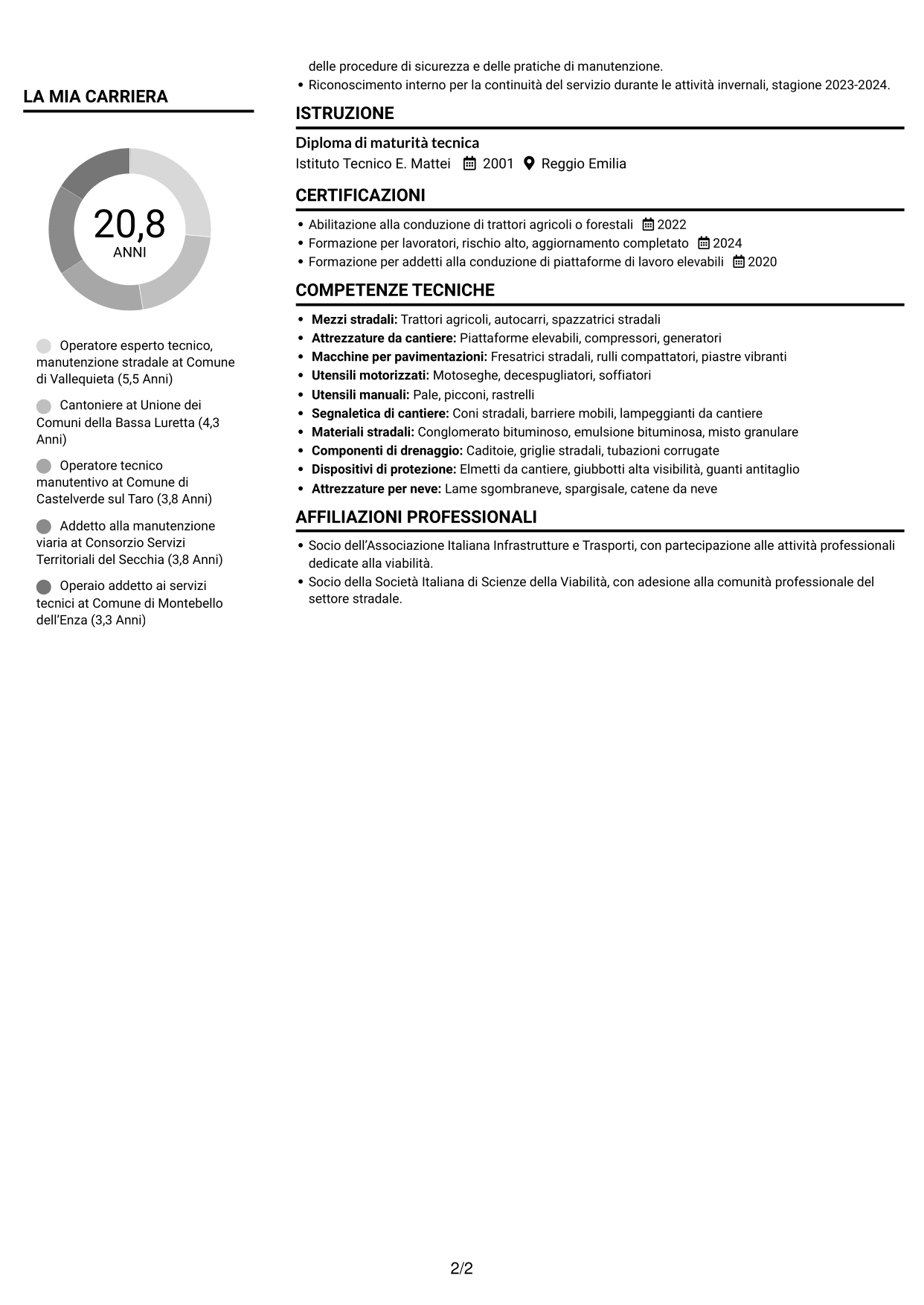 CV Compatto (formato sobrio a due colonne con foto): Operatore esperto tecnico - Manutenzione stradale, pagina 2