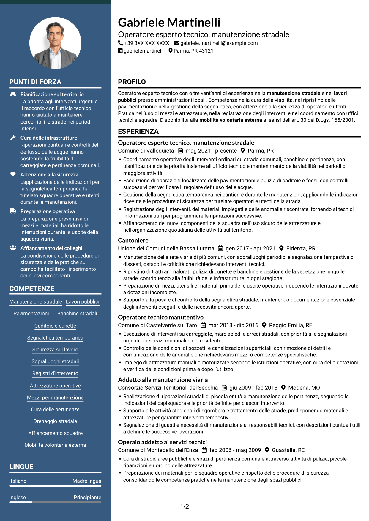 CV Elegante (formato con colonna laterale colorata e foto): Operatore esperto tecnico - Manutenzione stradale, pagina 1