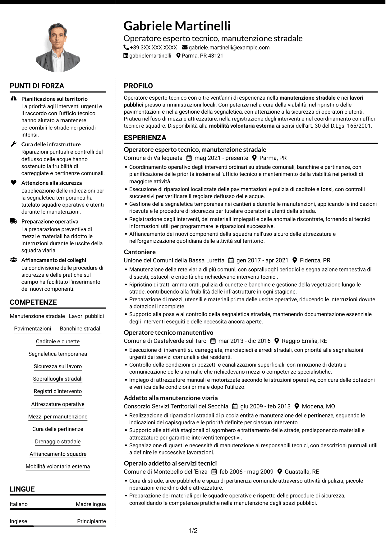 CV Moderno (formato a due colonne con foto a sinistra e separatore): Operatore esperto tecnico - Manutenzione stradale, pagina 1
