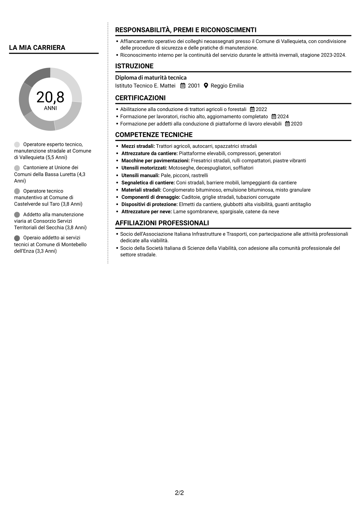 CV Moderno (formato a due colonne con foto a sinistra e separatore): Operatore esperto tecnico - Manutenzione stradale, pagina 2