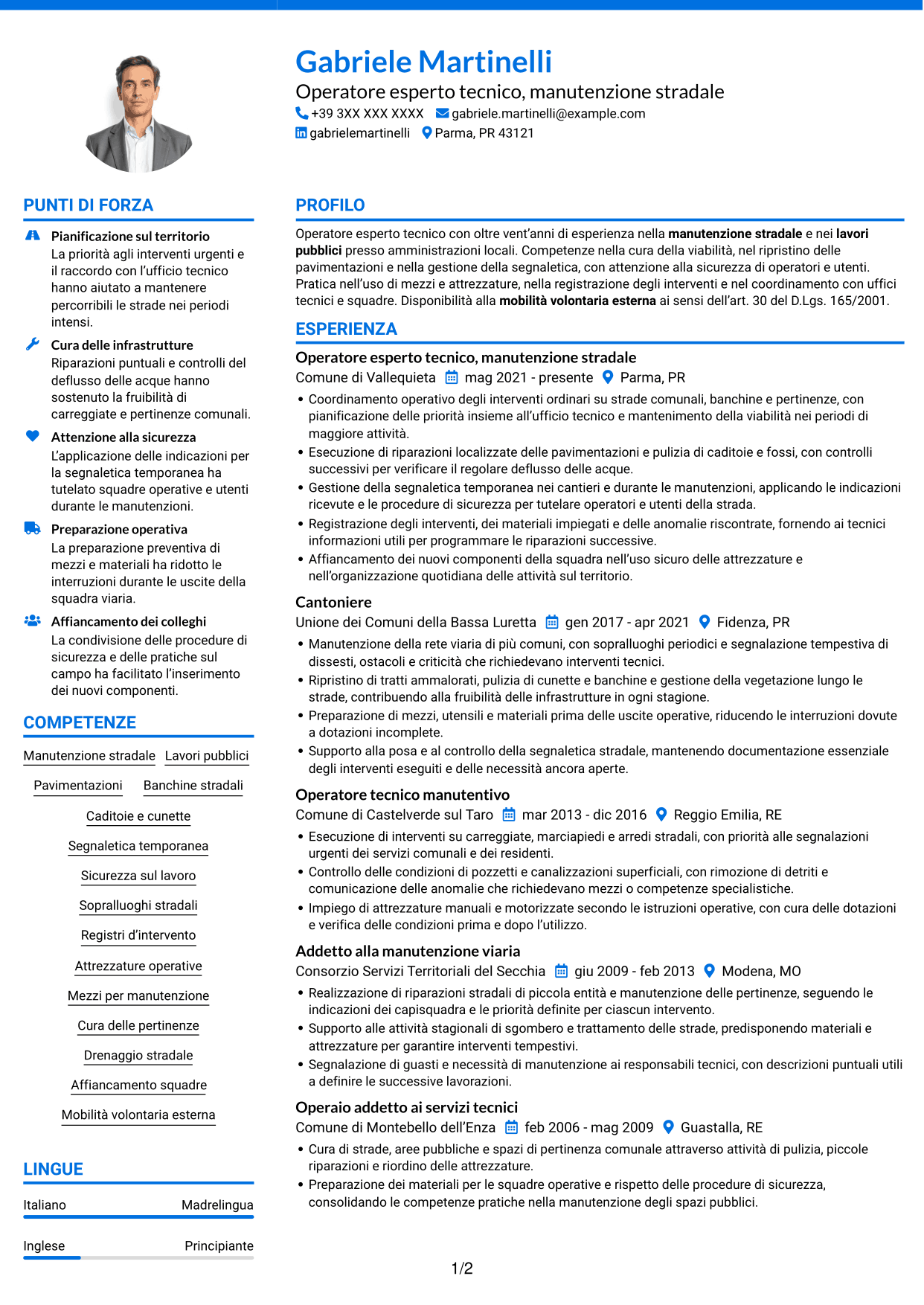 CV Audace (formato a due colonne con accenti colorati e foto): Operatore esperto tecnico - Manutenzione stradale, pagina 1