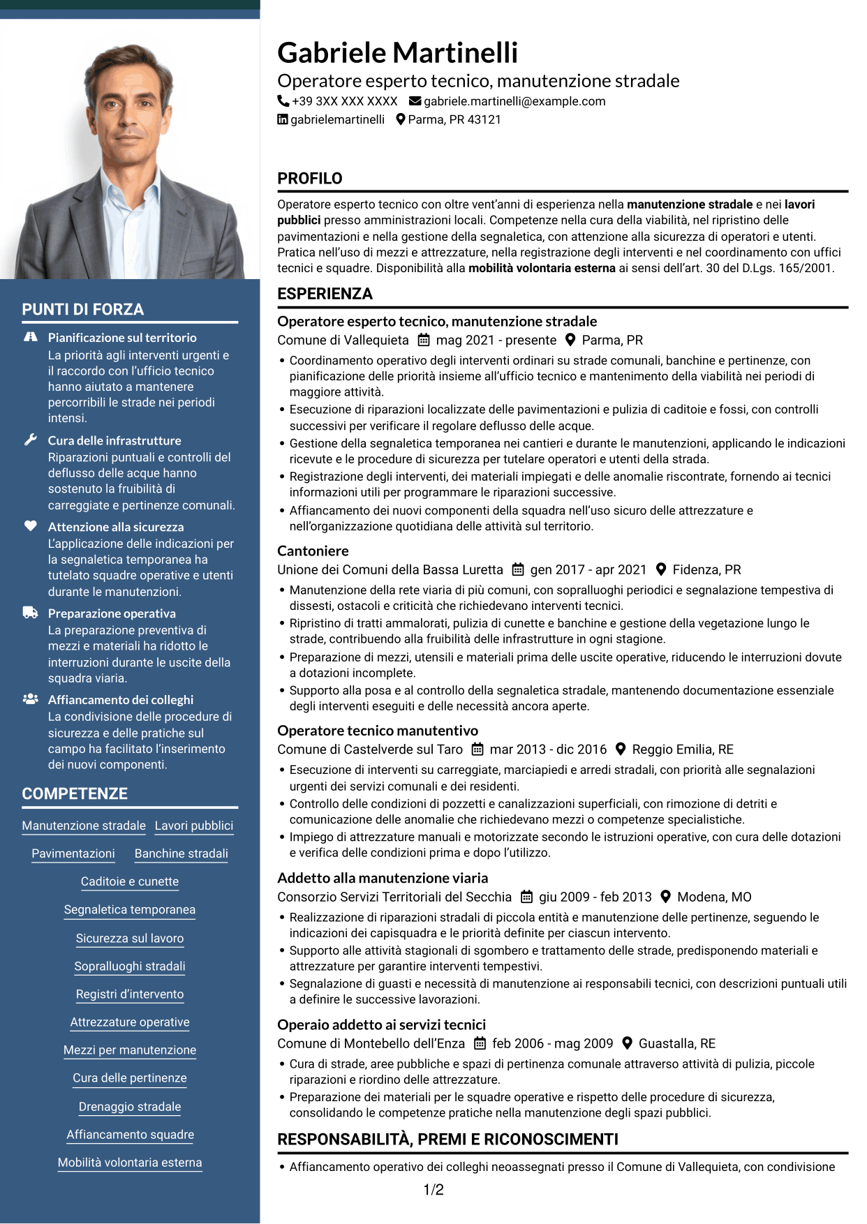 CV Signature (formato con colonna laterale colorata e foto grande): Operatore esperto tecnico - Manutenzione stradale, pagina 1