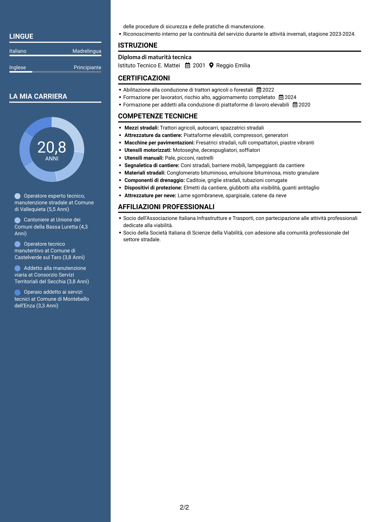 CV Signature (formato con colonna laterale colorata e foto grande): Operatore esperto tecnico - Manutenzione stradale, pagina 2