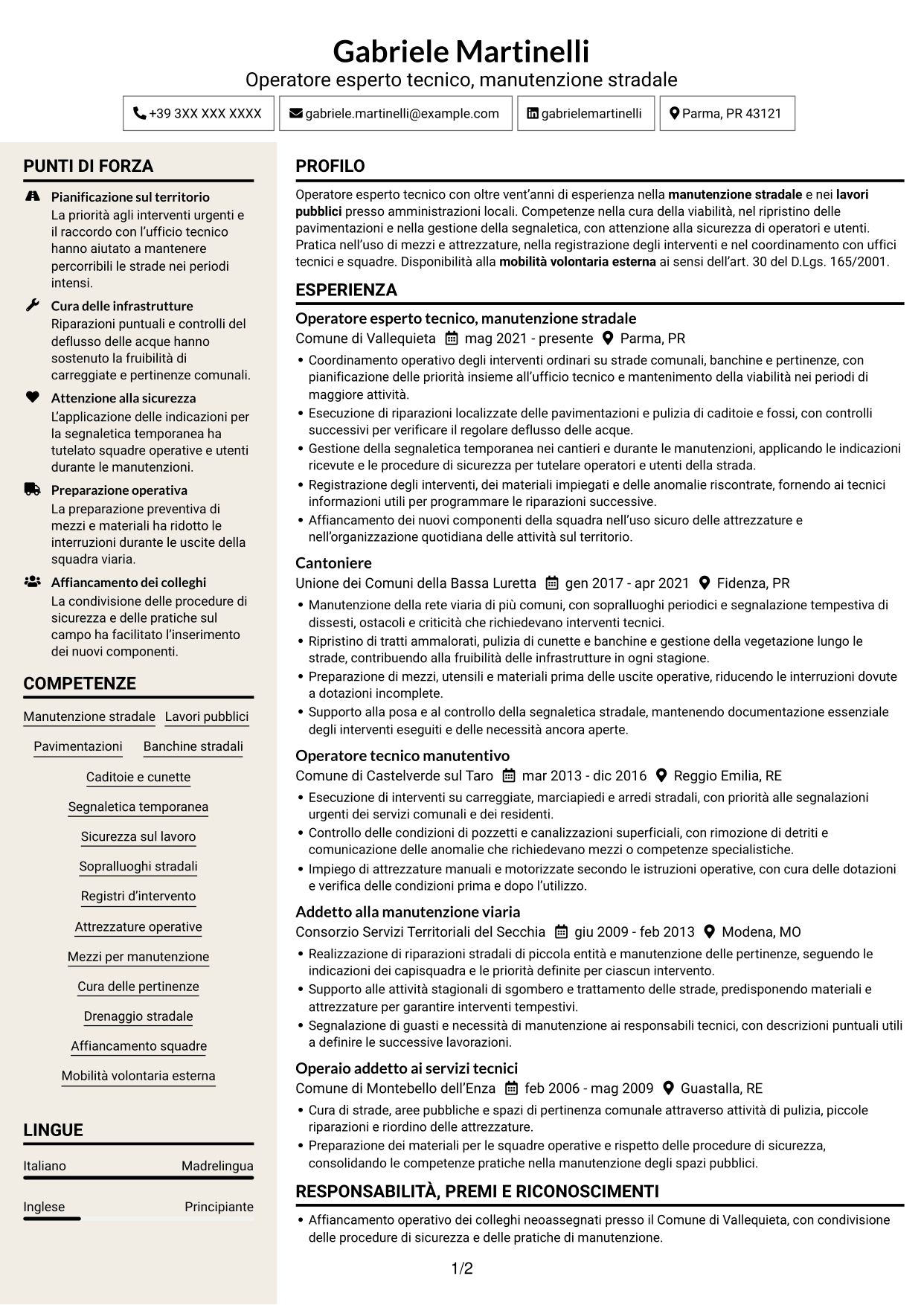 CV Intraprendente (formato a due colonne con intestazione centrata senza foto): Operatore esperto tecnico - Manutenzione stradale, pagina 1
