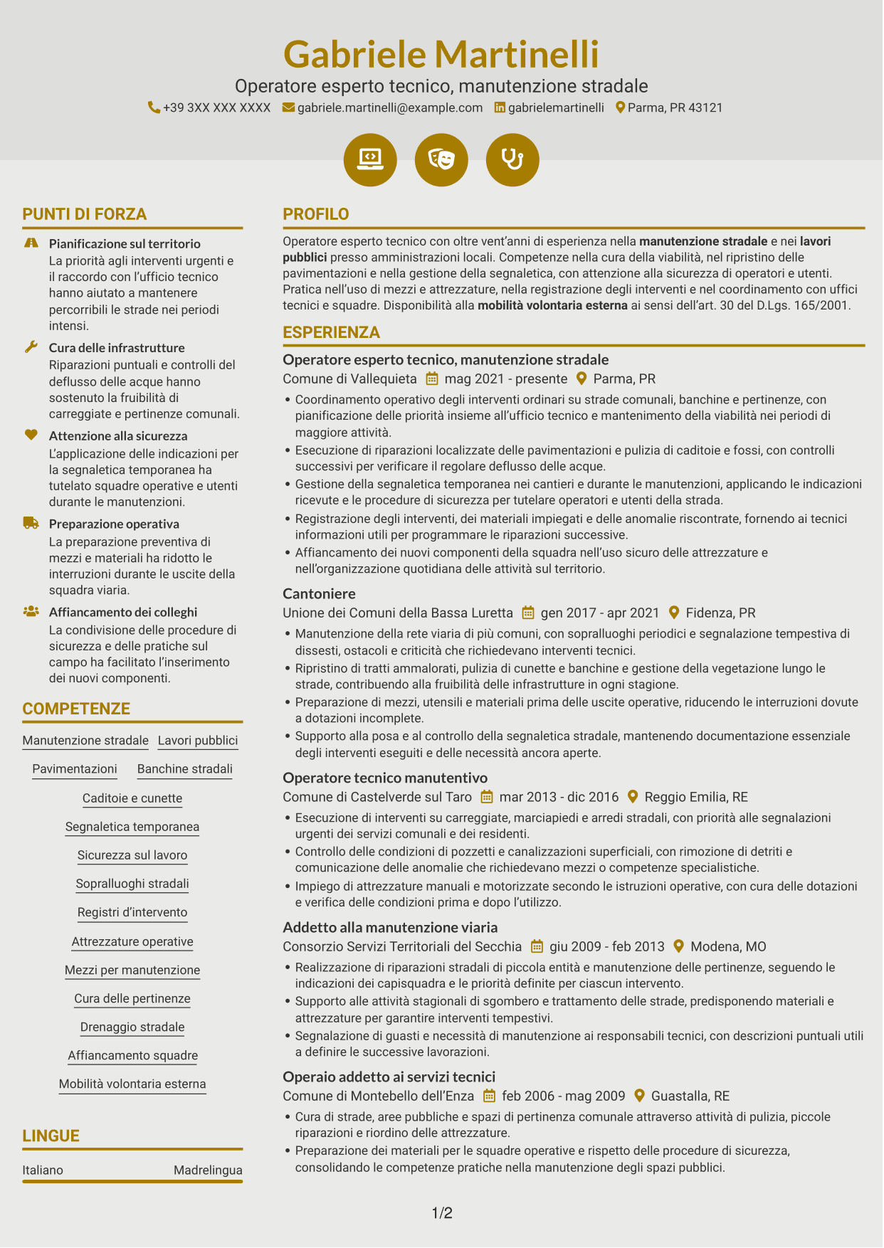 CV Dinamico (formato a due colonne con icone): Operatore esperto tecnico - Manutenzione stradale, pagina 1