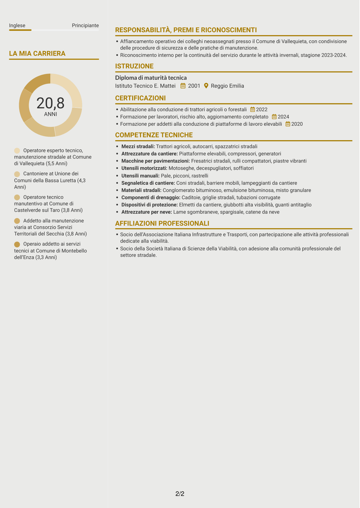 CV Dinamico (formato a due colonne con icone): Operatore esperto tecnico - Manutenzione stradale, pagina 2