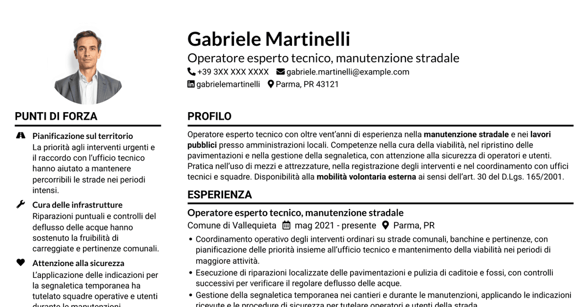 7 modelli di CV per Operatore esperto tecnico - Manutenzione stradale, con esempi