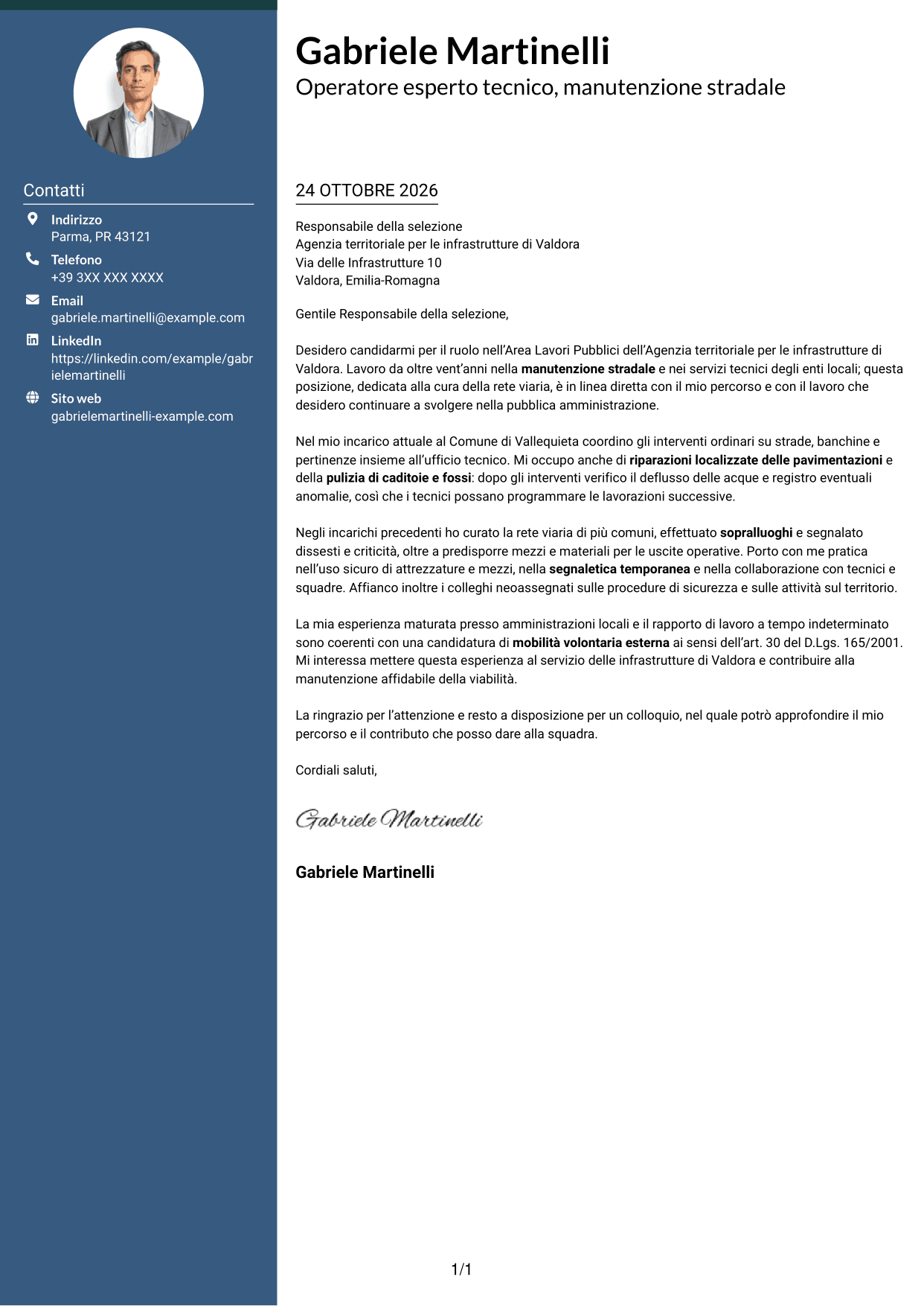 Lettera di presentazione Elegante (formato con colonna laterale colorata e foto): Operatore esperto tecnico - Manutenzione stradale, pagina 1