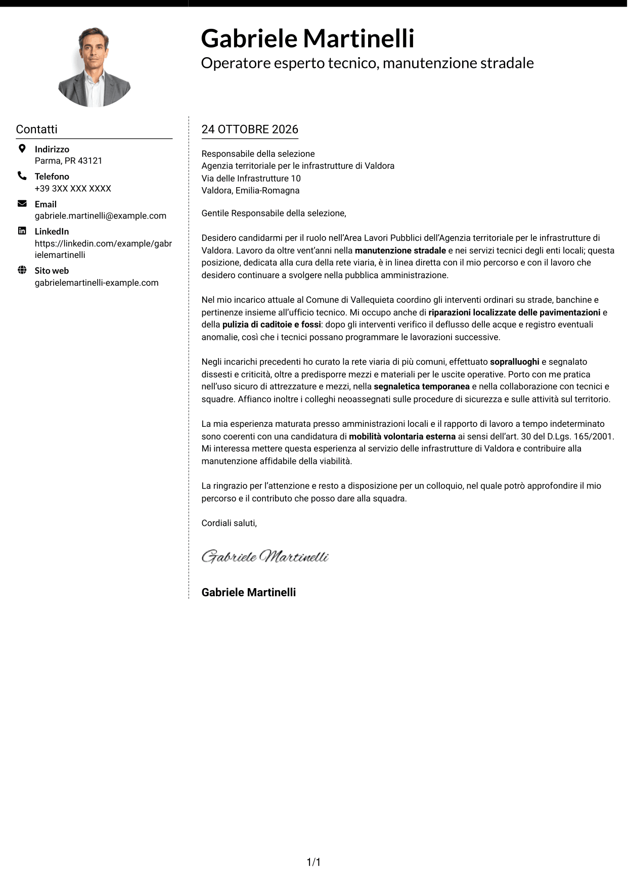 Lettera di presentazione Moderno (formato a due colonne con foto a sinistra e separatore): Operatore esperto tecnico - Manutenzione stradale, pagina 1