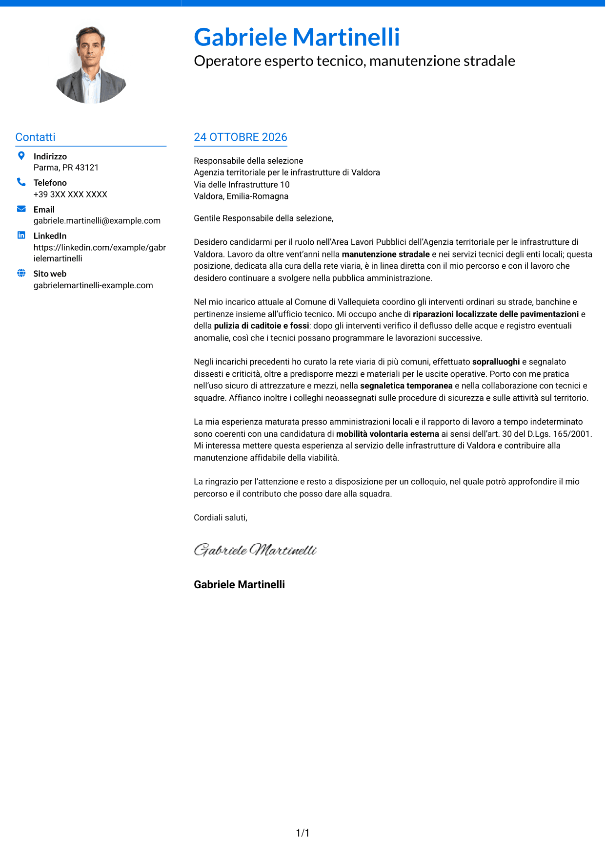 Lettera di presentazione Audace (formato a due colonne con accenti colorati e foto): Operatore esperto tecnico - Manutenzione stradale, pagina 1