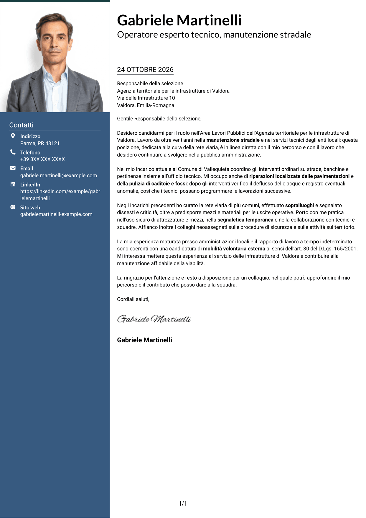 Lettera di presentazione Signature (formato con colonna laterale colorata e foto grande): Operatore esperto tecnico - Manutenzione stradale, pagina 1