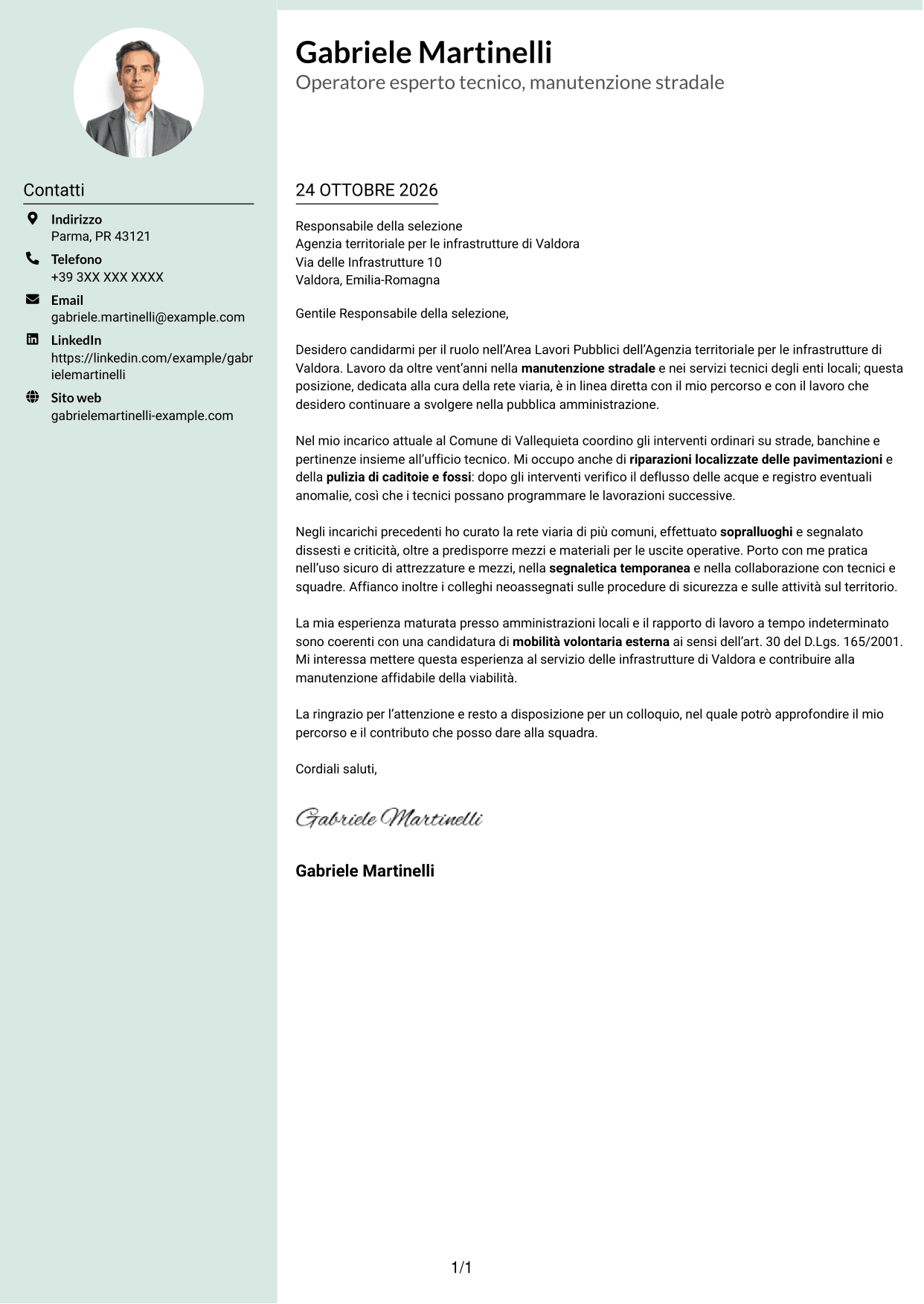 Lettera di presentazione Dirigente (formato con colonna laterale tenue e foto arrotondata): Operatore esperto tecnico - Manutenzione stradale, pagina 1