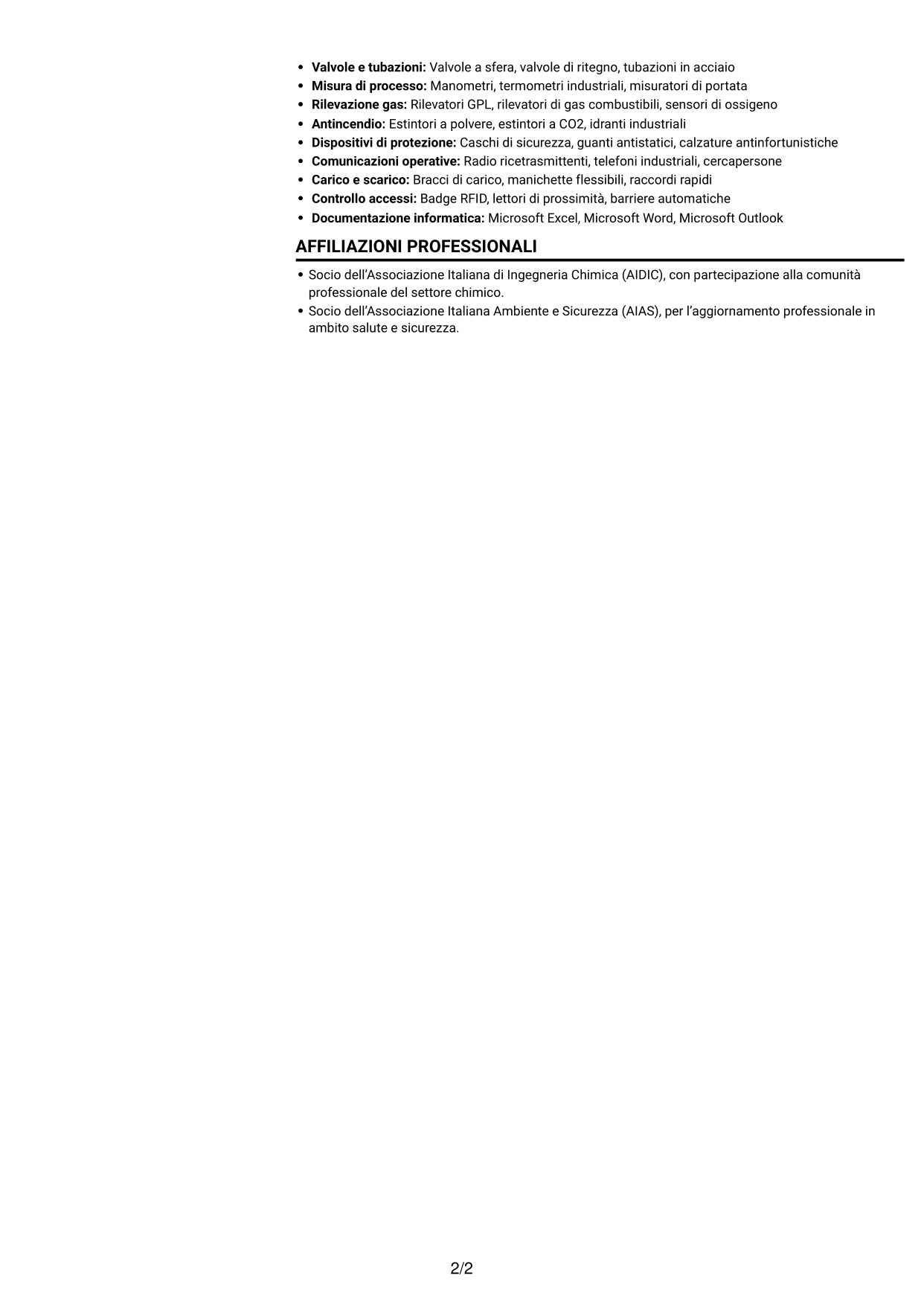 CV Compatto (formato sobrio a due colonne con foto): Operatore junior impianto GPL - Logistica di deposito, pagina 2