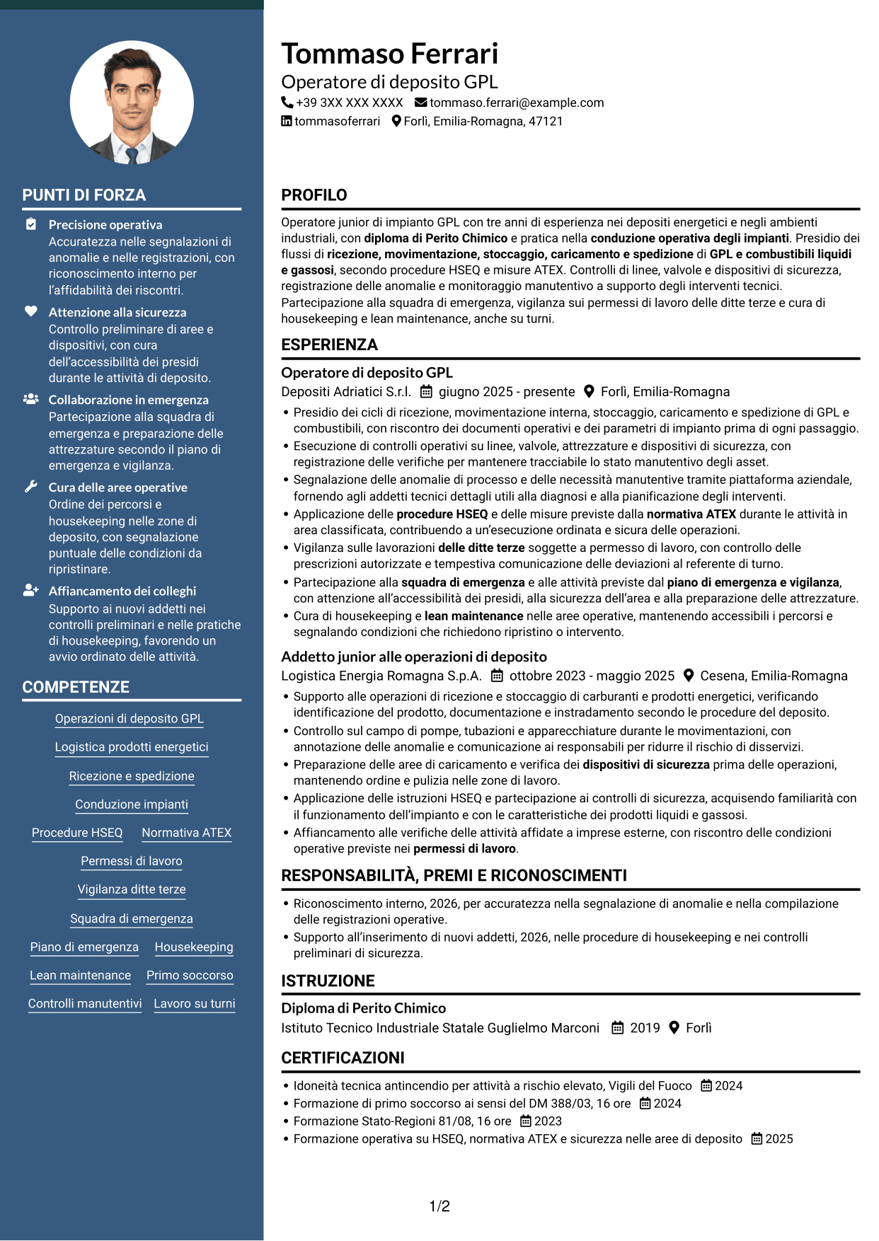 CV Elegante (formato con colonna laterale colorata e foto): Operatore junior impianto GPL - Logistica di deposito, pagina 1