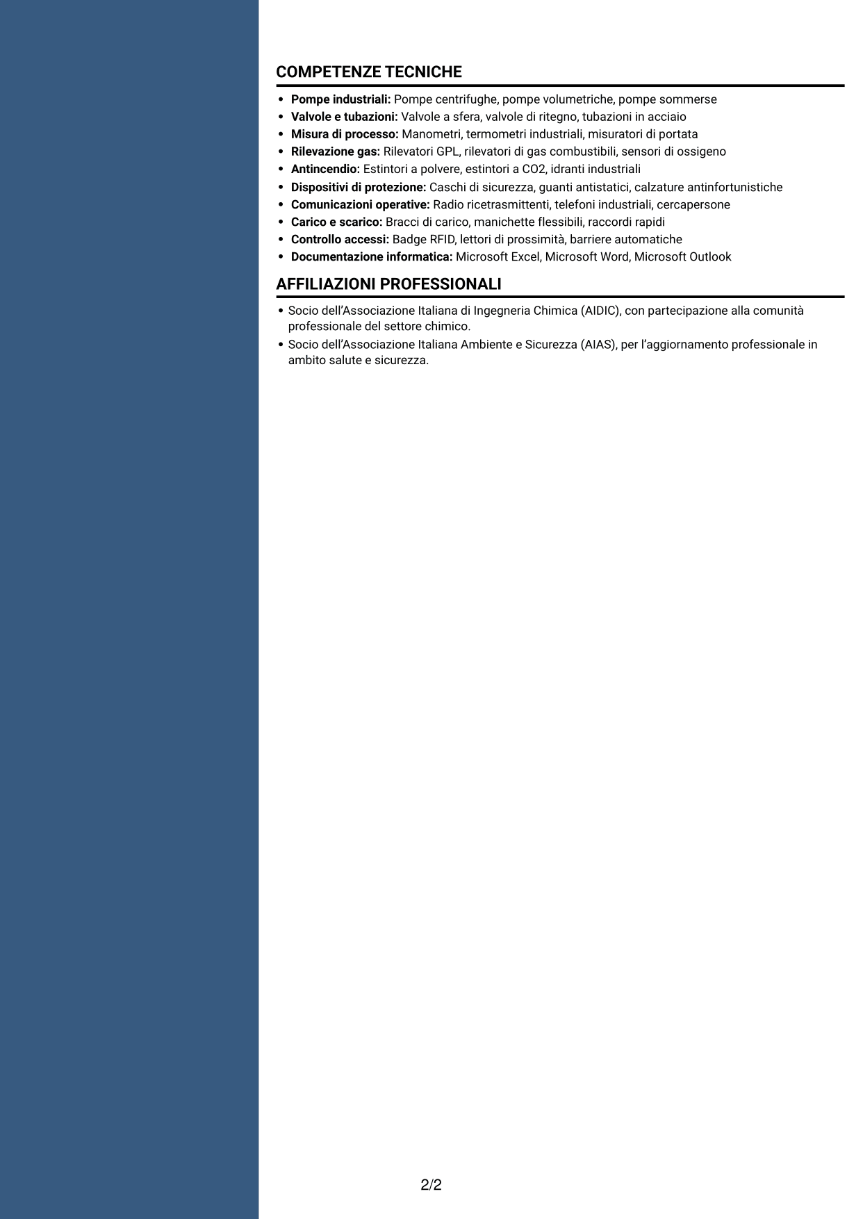 CV Elegante (formato con colonna laterale colorata e foto): Operatore junior impianto GPL - Logistica di deposito, pagina 2