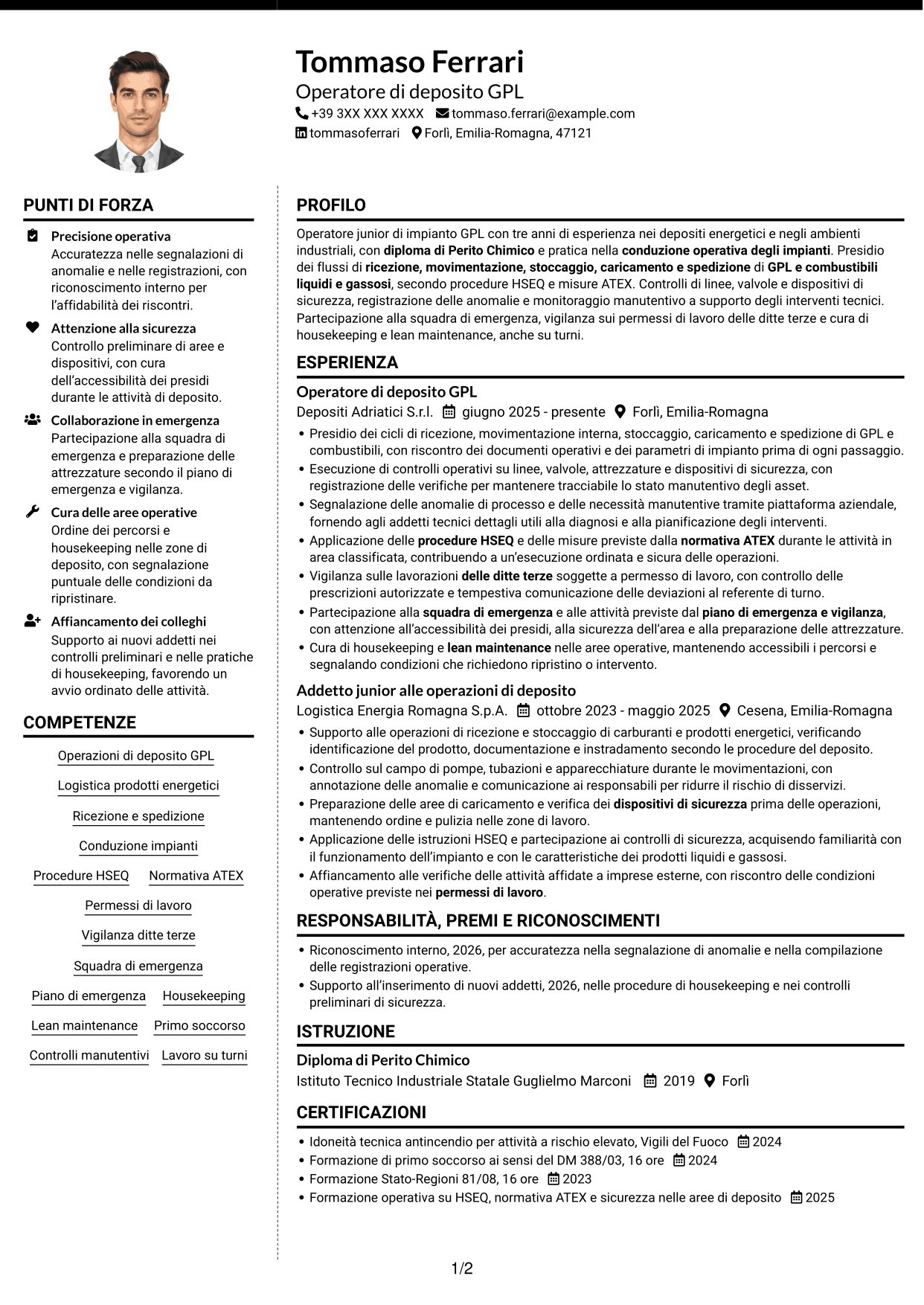 CV Moderno (formato a due colonne con foto a sinistra e separatore): Operatore junior impianto GPL - Logistica di deposito, pagina 1