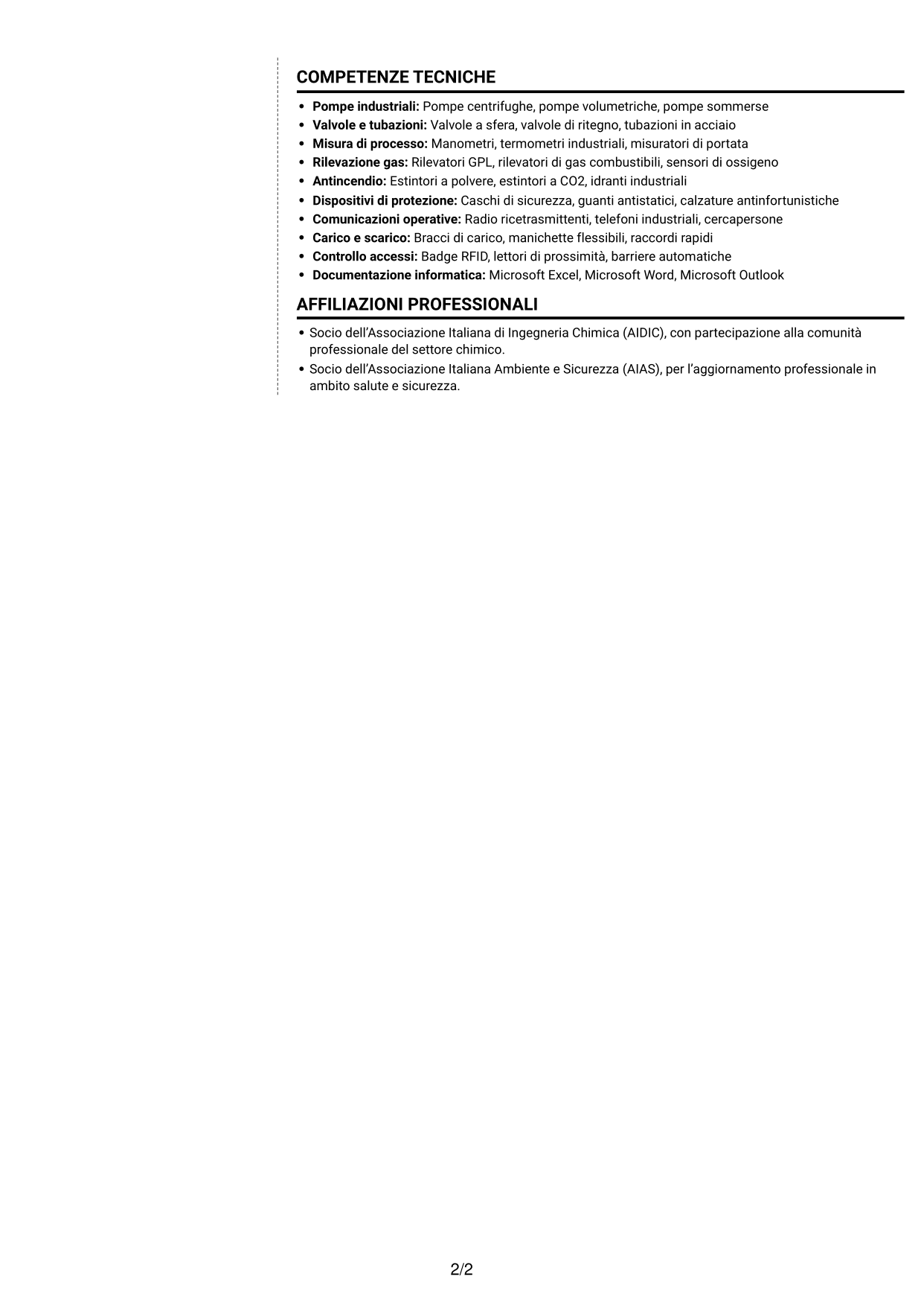 CV Moderno (formato a due colonne con foto a sinistra e separatore): Operatore junior impianto GPL - Logistica di deposito, pagina 2