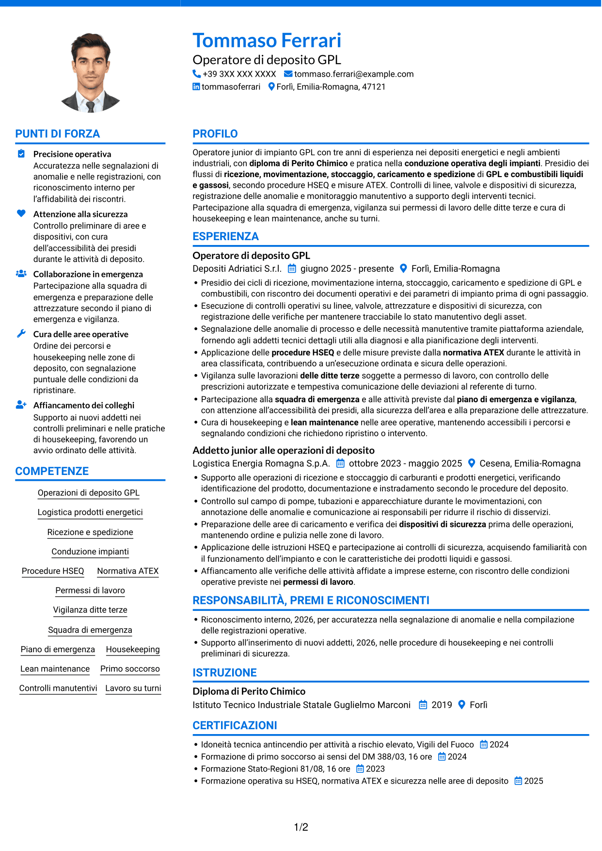 CV Audace (formato a due colonne con accenti colorati e foto): Operatore junior impianto GPL - Logistica di deposito, pagina 1