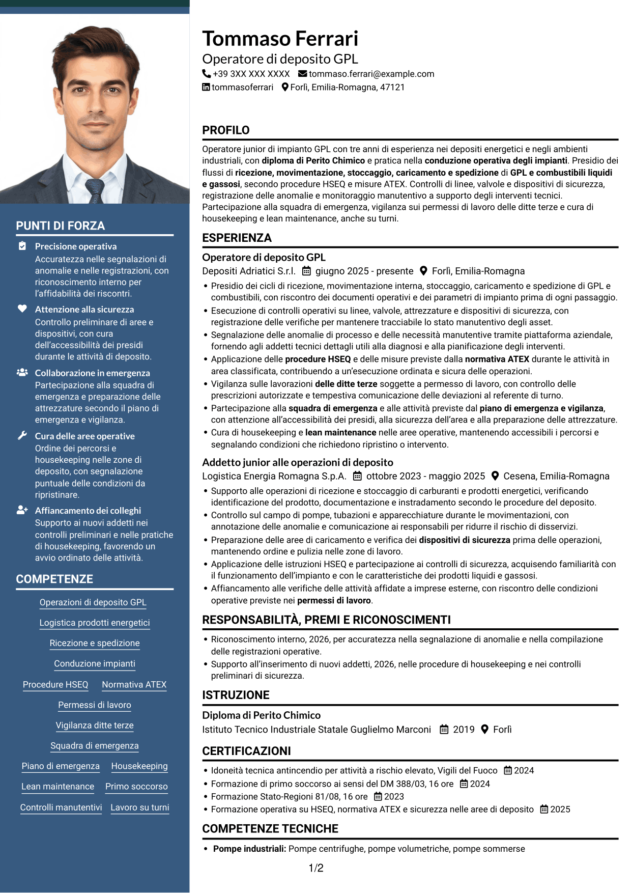 CV Signature (formato con colonna laterale colorata e foto grande): Operatore junior impianto GPL - Logistica di deposito, pagina 1