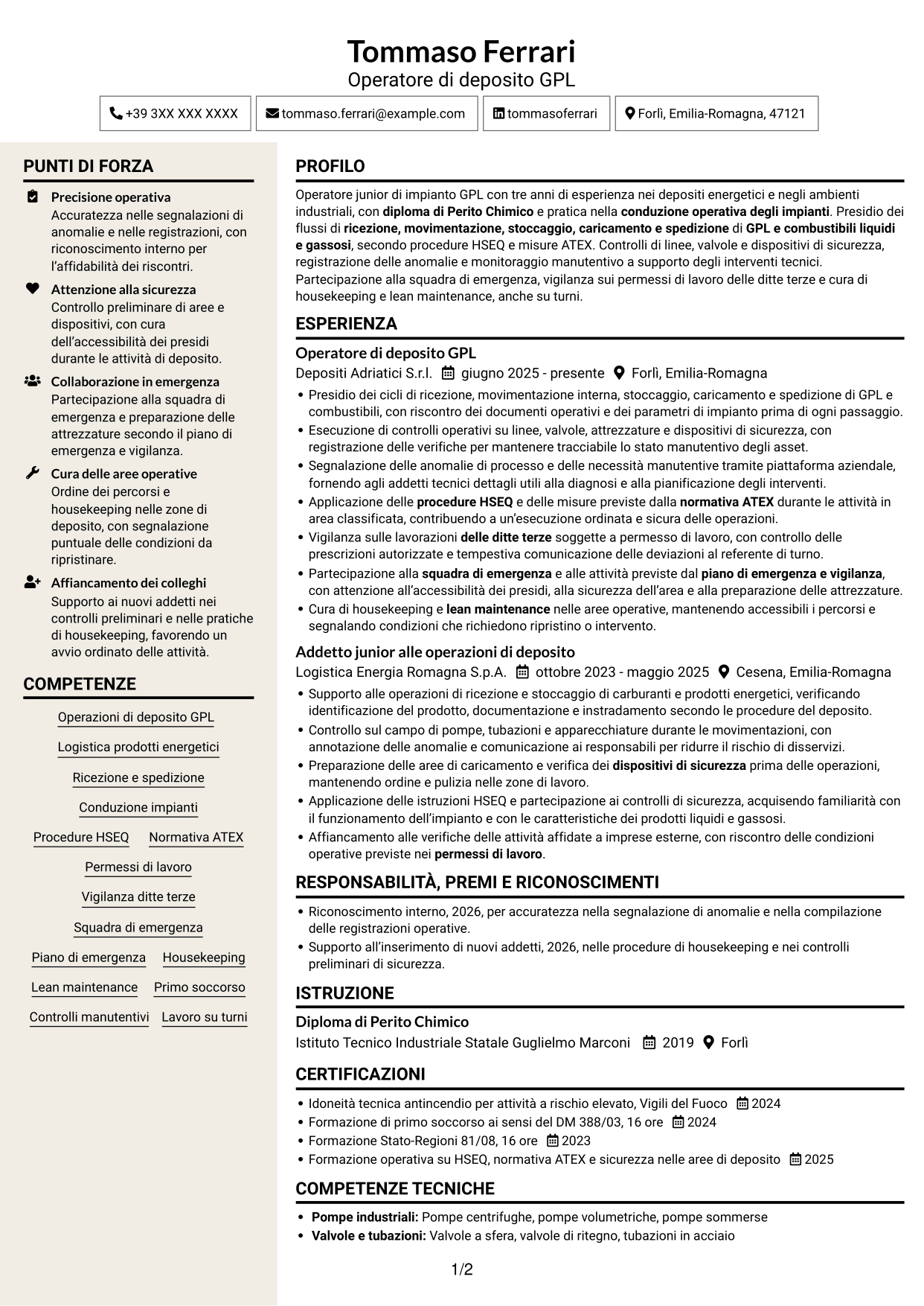 CV Intraprendente (formato a due colonne con intestazione centrata senza foto): Operatore junior impianto GPL - Logistica di deposito, pagina 1