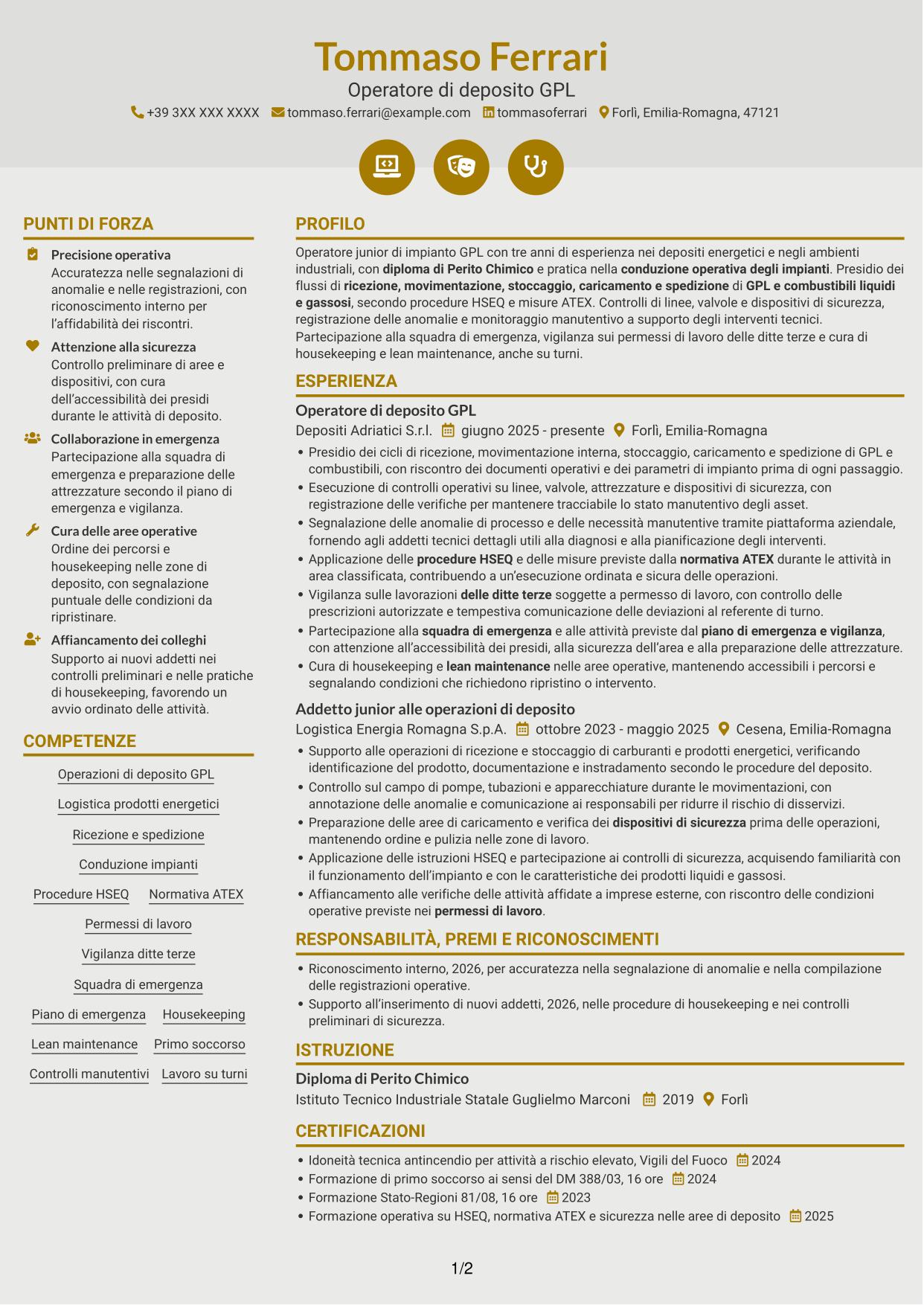 CV Dinamico (formato a due colonne con icone): Operatore junior impianto GPL - Logistica di deposito, pagina 1