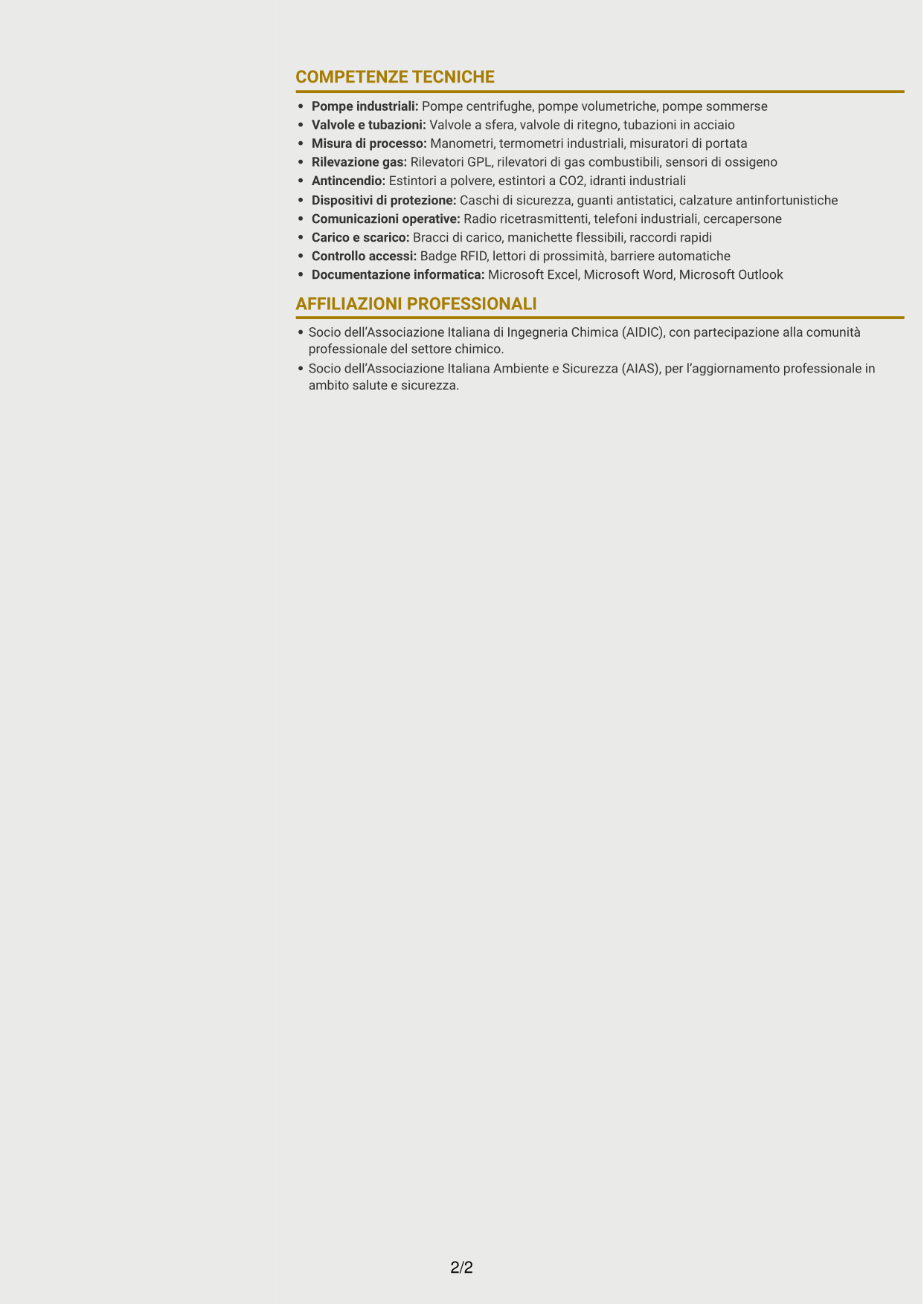 CV Dinamico (formato a due colonne con icone): Operatore junior impianto GPL - Logistica di deposito, pagina 2