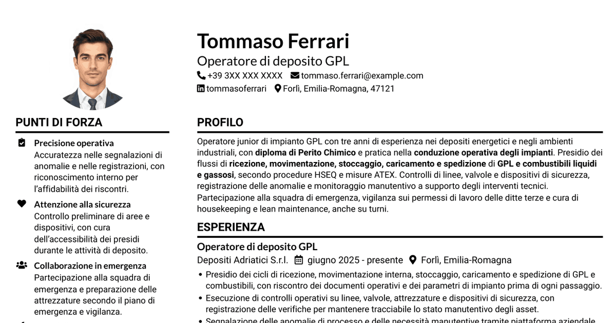 7 modelli di CV per Operatore junior impianto GPL - Logistica di deposito, con esempi