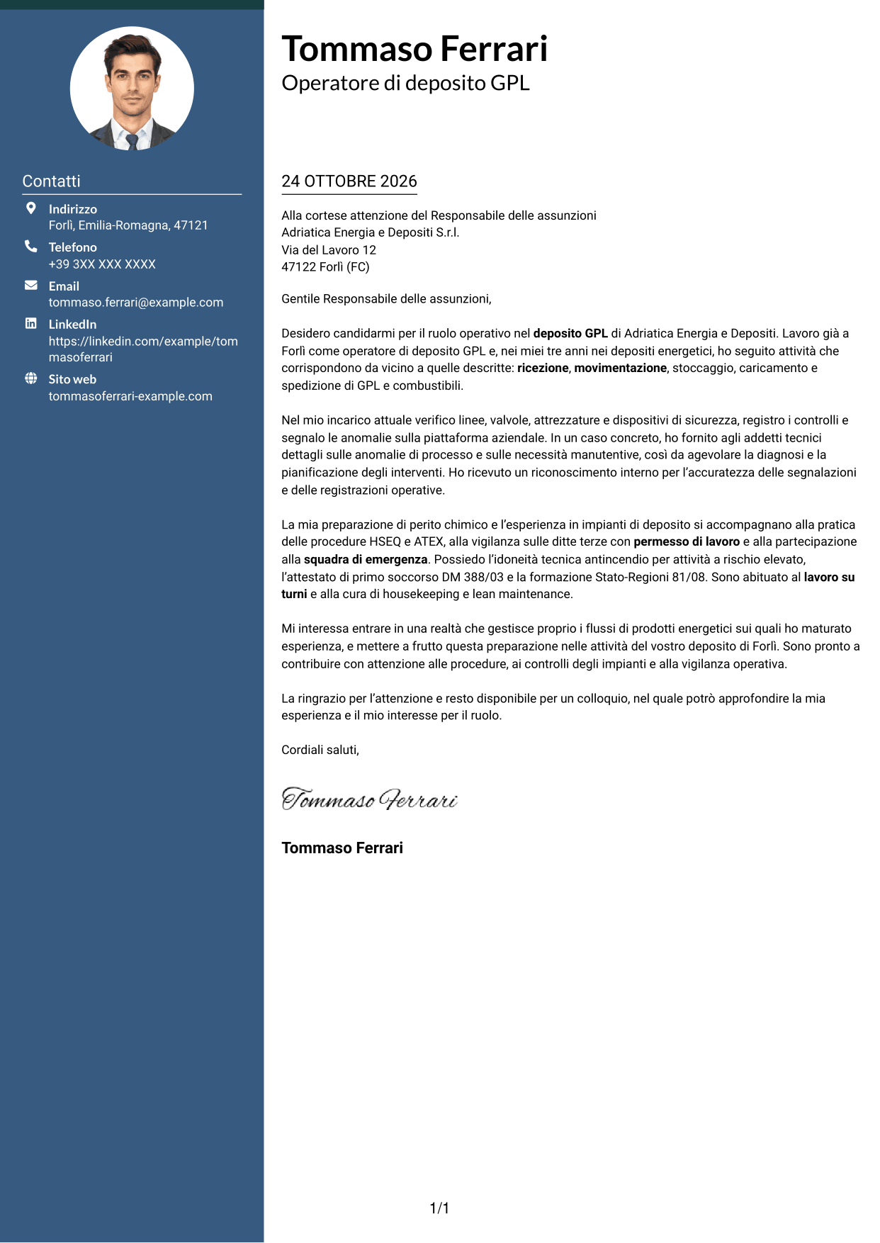 Lettera di presentazione Elegante (formato con colonna laterale colorata e foto): Operatore junior impianto GPL - Logistica di deposito, pagina 1