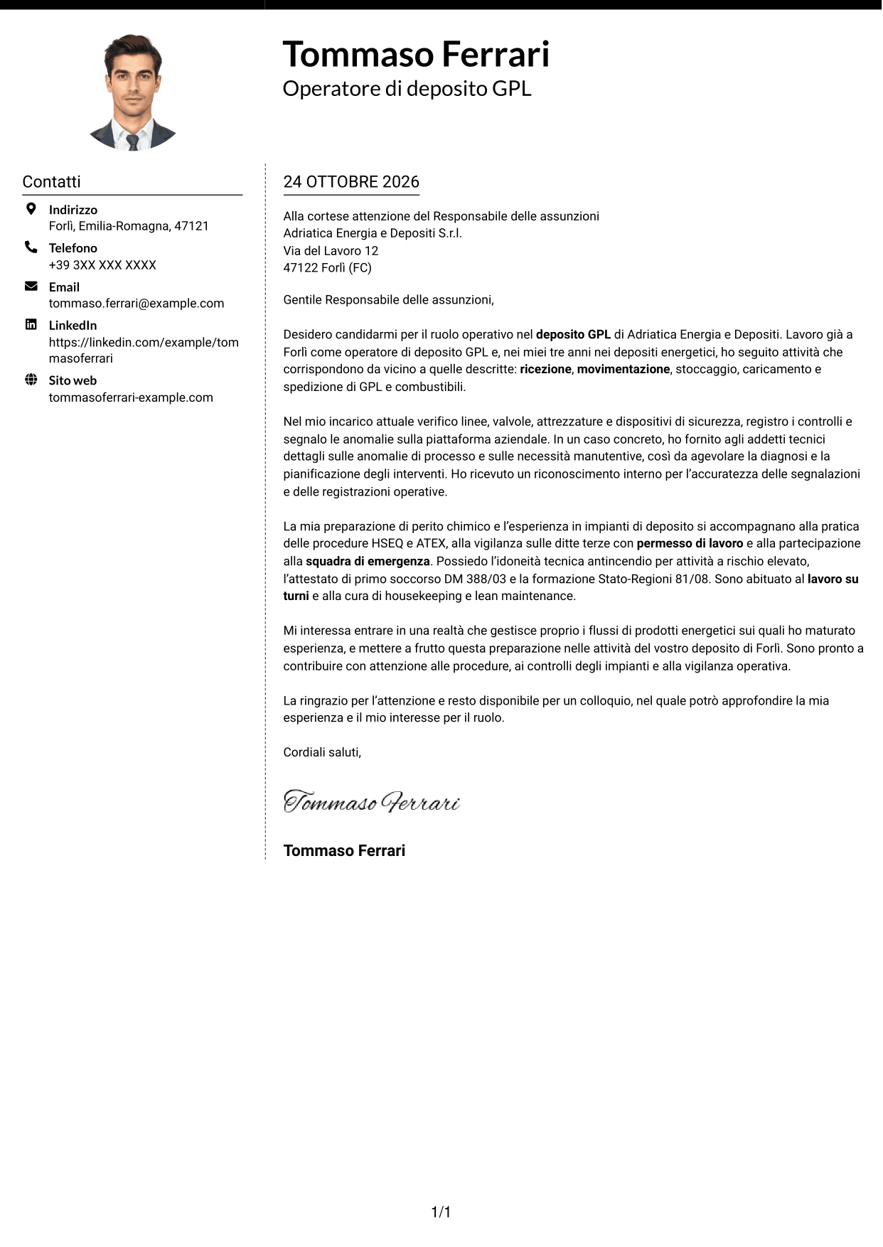 Lettera di presentazione Moderno (formato a due colonne con foto a sinistra e separatore): Operatore junior impianto GPL - Logistica di deposito, pagina 1