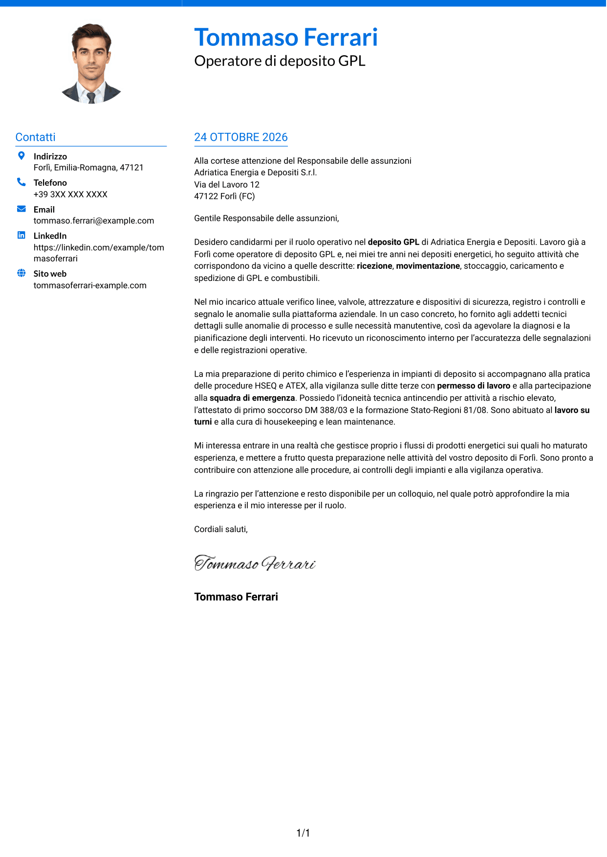 Lettera di presentazione Audace (formato a due colonne con accenti colorati e foto): Operatore junior impianto GPL - Logistica di deposito, pagina 1