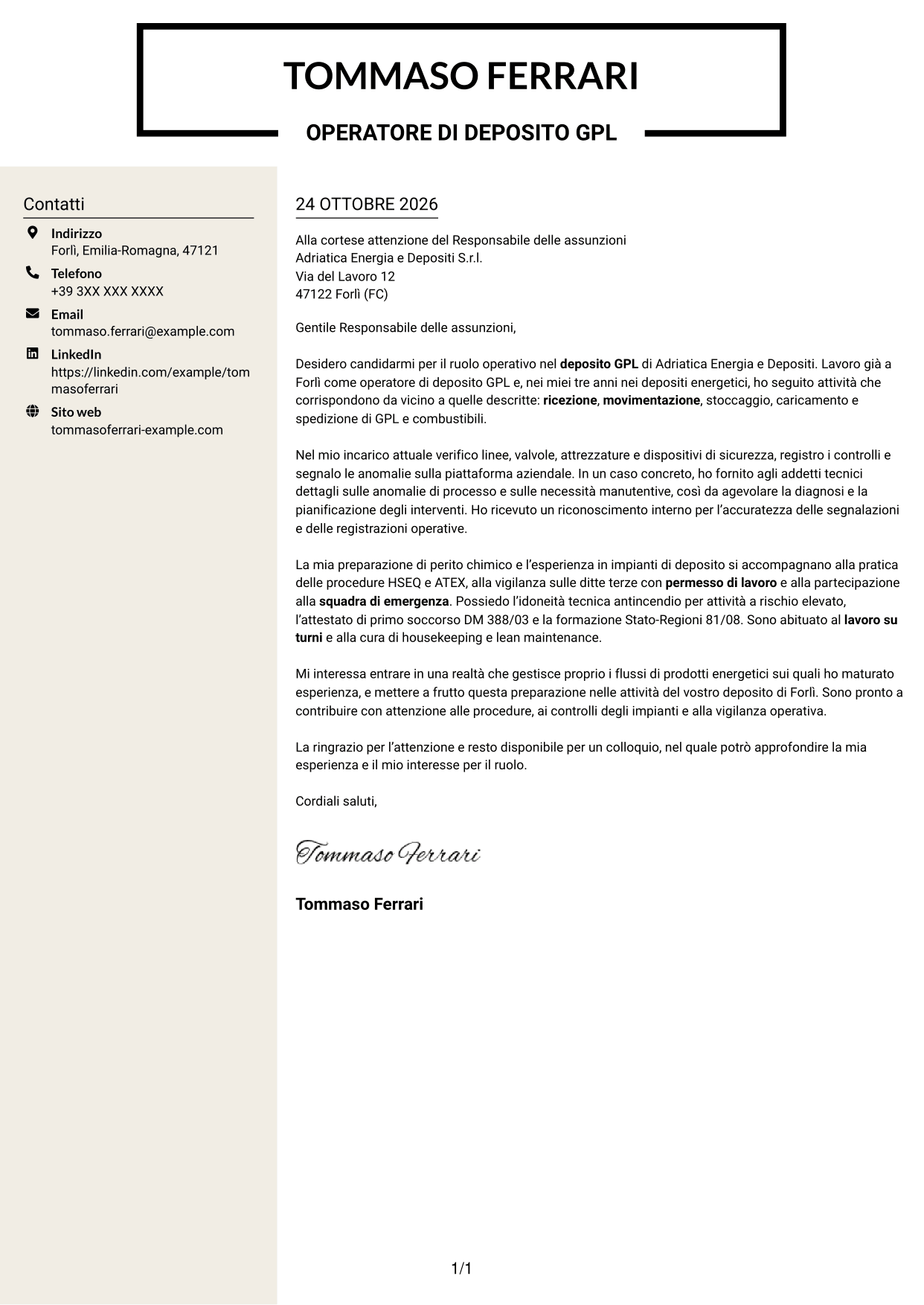 Lettera di presentazione Intraprendente (formato a due colonne con intestazione centrata senza foto): Operatore junior impianto GPL - Logistica di deposito, pagina 1
