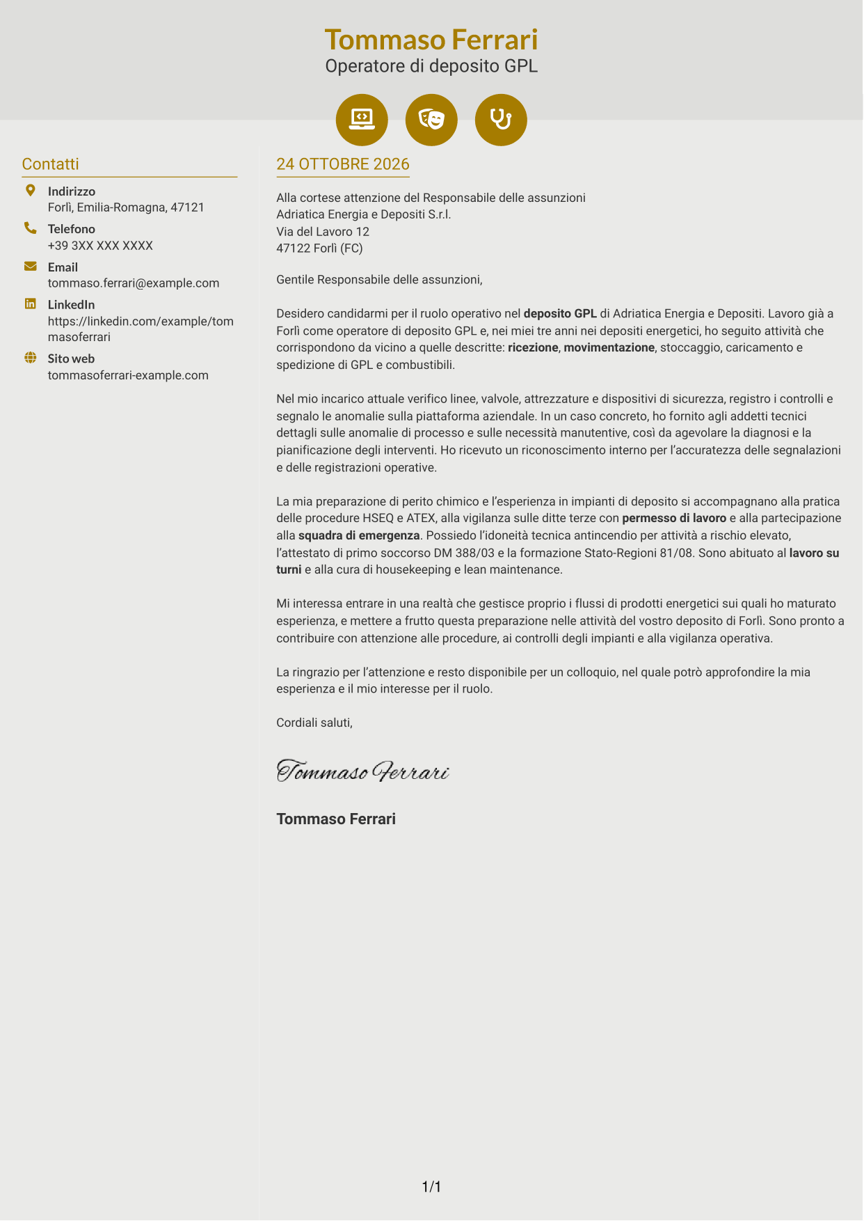 Lettera di presentazione Dinamico (formato a due colonne con icone): Operatore junior impianto GPL - Logistica di deposito, pagina 1