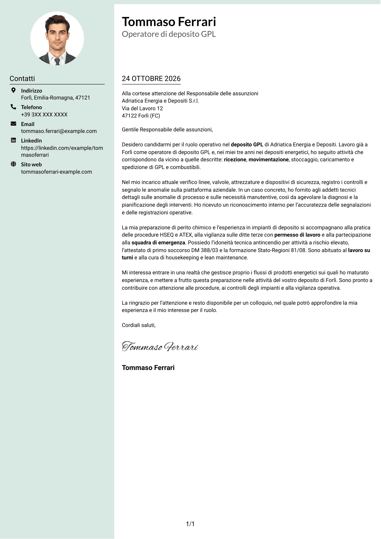 Lettera di presentazione Dirigente (formato con colonna laterale tenue e foto arrotondata): Operatore junior impianto GPL - Logistica di deposito, pagina 1