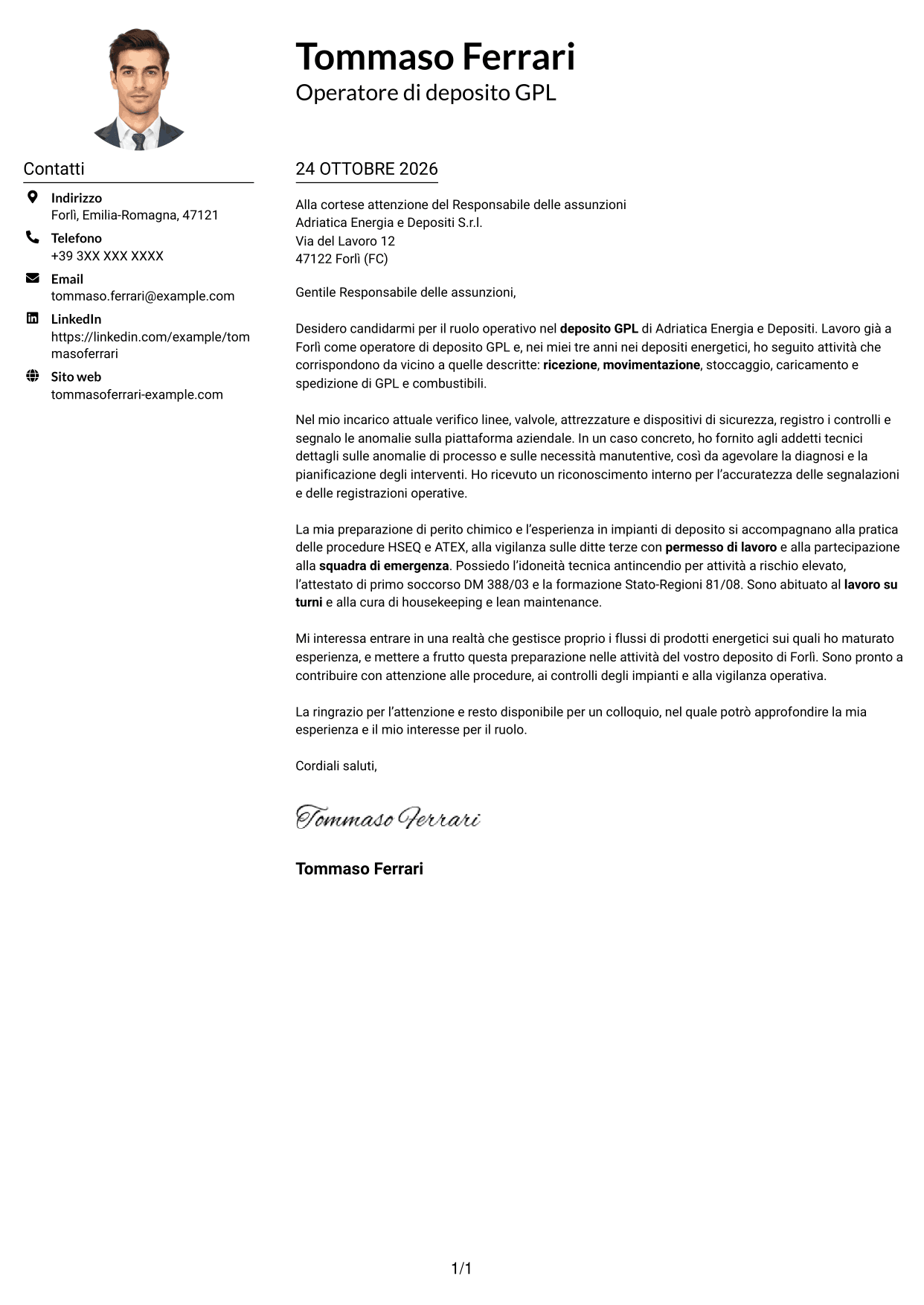 Esempio di lettera di presentazione — pagina 1