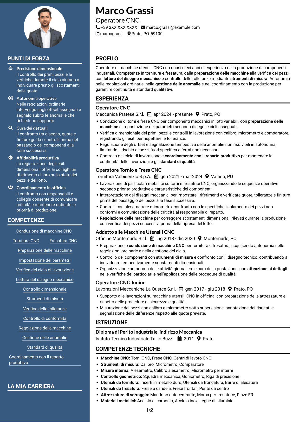 CV Elegante (formato con colonna laterale colorata e foto): Operatore Macchine CNC - Tornitura e Fresatura, pagina 1